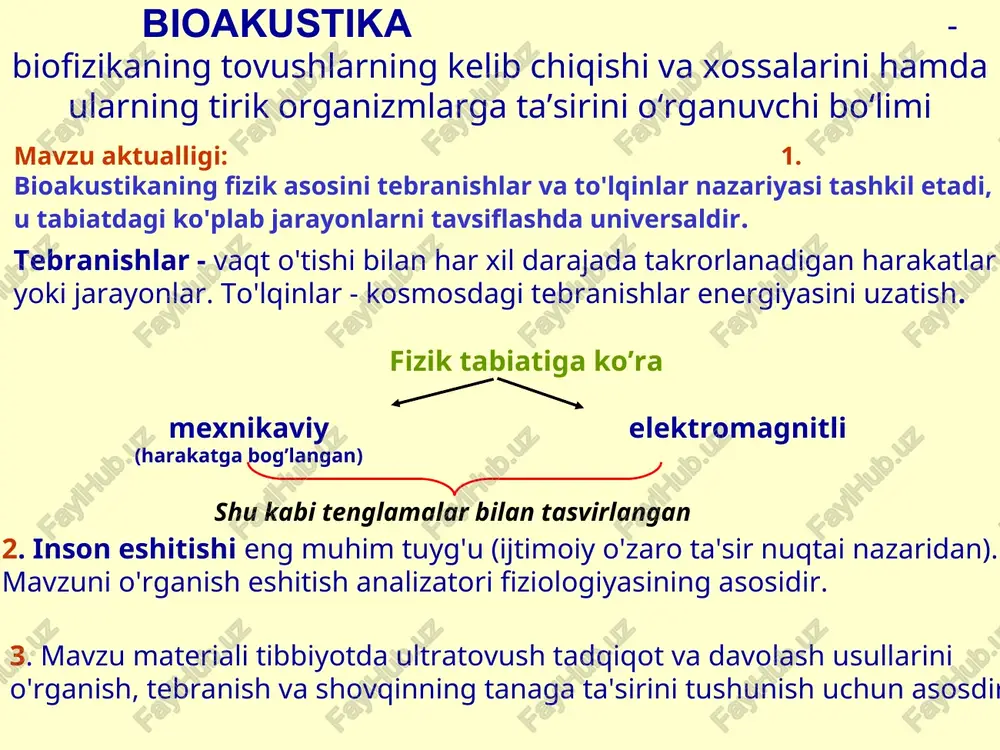a chig’anoq tepa qismining tebranishi. ichki quloqning faoliyati yuqori chastotali tovushlar ta'sirida chig’anoq tagining tebranishi tovushlar chig’anoqda kortiyev organining tebranishi hosil qiladi. u mexanik stressga sezgir bo'lgan va uni nerv (elektr) impulsiga aylantiradigan soch retseptorlari hujayralarini o'z ichiga oladi. audiometriya - kompleks metodov issledovaniya ostroti sluxa putyom pred'yavleniya cheloveku standartizirovannix po chastote i intensivnosti zvukov. 1. shyopotnoy rechyu; 2. s pomoshyu kamertonov; 3. s pomoshyu audiometra. audiometr – pribor, generiruyushiy elektricheskie kolebaniya raznix chastot s reguliruemoy intensivnostyu. ot audiometra kolebaniya peredayutsya obsleduemomu cherez naushniki, v kotorix oni preobrazuyutsya v zvuki (prostie toni). opredelyayut porogi slishimosti (minimalnie intensivnosti, vizivayushie sluxovie oshusheniya) zvukov razlichnix chastot dlya kajdogo uxa i poluchayut audiogrammu. 1. auskultatsiya – vislushivanie zvukov, voznikayushix pri dixanii i rabote serdtsa ili drugix vnutrennix organov. 4. fonokardiografiya - zapis zvukov, voznikayushix pri rabote serdtsa. 3. perkussiya -vistukivanie, izuchenie polojeniya i sostoyaniya vnutrennix organov po otrajennomu zvuku. 2. akusticheskiy metod opredeleniya davleniya …