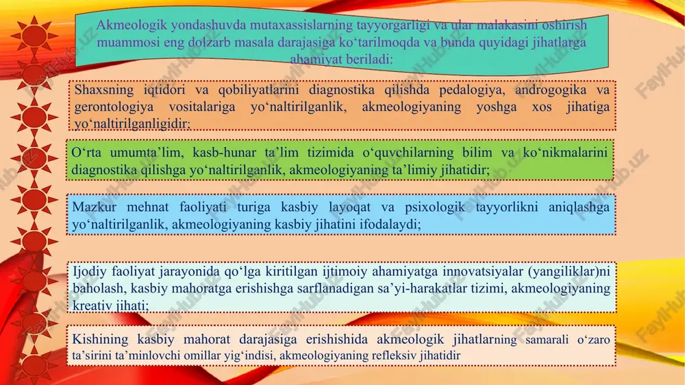 , balki boshqa odamlarning qilmishlari uchun ham javobgarligini anglay boshlaydi, ayniqsa, hayot tajribasiga ega bo‘lmagan yoshlarning, o‘z farzandlarining xulq-atvori, yurishturishi uchun ham jon kuydiradi, ularga imkoniyat boricha yordam berishga intiladi. boshqa yosh davrlaridagi kabi mazkur davrda ham muayyan darajada inqiroz bo‘ladi. bu davrda inson qanday ishlarni amalga oshirishga, qaysi imkoniyatlardan foydalanmagani, ayrim xatolar, tushunmovchiliklar sababli, ko‘ngilsizliklar vujudga kelganligini anglay boshlaydi. o‘ziga o‘zi hisob berish shu davrning muhim psixologik xususiyatlaridan biridir. organizmdagi ayrim o‘zgarishlar, umrning tez o‘tishi kishini qattiq tashvishga va iztirobga soladi. u bundan keyingi hayotning har bir daqiqasidan unumli foydalanishga qaror qiladi. ayrim orzu-istaklarini amalga oshirish uchun jismoniy va ruhiy imkoniyatlari etishmasligini anglash uning psixikasida «turg‘unlik» tuyg‘usini vujudga keltiradi. yetuklik davrining birinchi bosqichi shaxsning kamol topishi hisoblanib, bu bosqichga 28- 35 yoshlardagi erkak va ayollar kiradilar forobiy ta'lim-tarbiyaga birinchi marta ta'rif bergan olim sanaladi hozirgi mutaxassislarning ko‘pchiligi o‘quv yurtlaridagi nazariy bilimlar bilan amaliy ko‘nikmalar o‘rtasida uzilish mavjudligi sababli mustaqil …