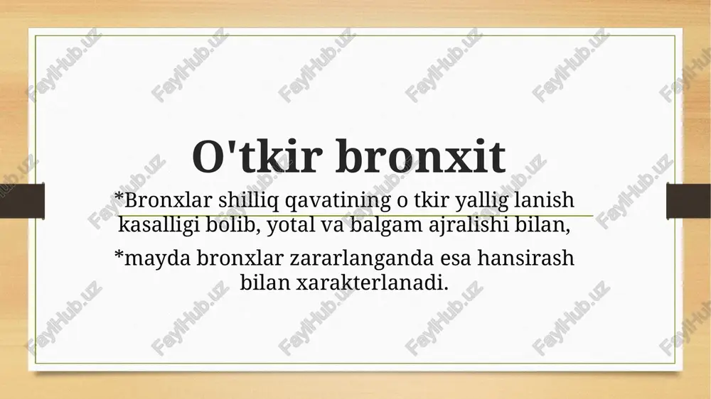 , ularning himoya va tozalovchi faoliyatining buzilishi, balg’am quyuqligining oshishi (diskriniya), shilliqli gipersekretsiya, bezlar giperplaziyast bilan namoyon bo'ladi. kasallik yo tal va shilliq-yiringli balgam ajralishi bilan kechadi. surunkali oddiy (obstruktiv bo'lmagan) bronxit katta yoshli aholi orasida 7,3-21,8% ni tashkil etib, 50-59 yoshli erkaklar va 40-49 yoshli ayollar orasida ko proq uchraydi. surunkali oddiy (obstruktiv bo’lmagan) etiologiyasi va patogenezi surunkali obstruktiv bolmagan bronxitning kelib chiqishida tamaki tutunidan nafas olishning (faol va passiv chekish) ahamiyati juda katta. uning ta’sirida shilliq qavatning doimiy shikastlanishi natijasida bronxlar sekreti quyugligining oshishi va gipersekretsiyasi, kiprikchali shilliq epiteliylarning zararlanishi kuzatilib, bronxlarning himoya va tozalovchi hamda mukosiliar transport faoliyati buziladi. oqibatda, shilliq qavatning surunkali yallig’lanishi rivojlanadi. binobarin,tamaki chekish bronxlar shilliq qavati chidamliligini pasaytiradi va patogen virus-bakterial infeksiyalar ta'sirini kuchaytiradi. . etiologiyasi va patogenezi surunkali oddiy (obstruktiv bo' imagan) bronxit bilan kasallangan bemorlarning taxminan 80-90% faol chekuvchilardir. kasallikning kelib chiqishida bir kunda chekilgan sigaretlar soni va chekish davomiyligi katta …