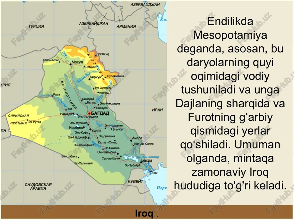 rishga majbur qildi. 33 mixxatli planshet topilgan mixxat yozuvlarida daraxtlar va qamishlar, barcha turdagi tirik mavjudotlar (hayvonlar, hasharotlar va qushlar) nomlarining uzun ro'yxatlari mavjud. mamlakatlar, shaharlar va qishloqlar, toshlar va minerallar nomlari. bunday ro'yxatlar shumerlar va bobilliklarning "botanika", "zoologiya", "geografiya" va "mineralogiya" sohalarida katta bilimga ega ekanligidan dalolat beradi. 34 hisob raqami. raqamlar uchun belgilar mesopotamiyada paydo bo'ldi - cho'ponlarning boshida, qoramollarni sanash, toshlarni qoldirib, keyin ularni loydagi chuqurchalar bilan almashtirdi. keyinchalik ular mixxat belgilariga aylandi. raqam 60 raqamiga asoslangan edi. 35 shumer sanoq tizimi bobil o'nlik / jinsi kichik sanoq tizimi 60 dan kichik raqamlar ikkita belgi yordamida ko'rsatilgan: birlik uchun va o'n uchun. eğimli xanjar nol rolini o'ynadi. bu 7203 (2*60*60+3) raqamining rekordidir. 36 plastinkadagi raqam 104.857.600.000.000.000.000 37 mesopotamiyada dalalarni sug'orish murakkab masala edi. kanallar orqali juda ko'p suv oqib o'tganda, u er ostiga singib ketgan va yer osti suvlari bilan bog'langan va ular mesopotamiyada sho'rdir. hunarmandchilik va …