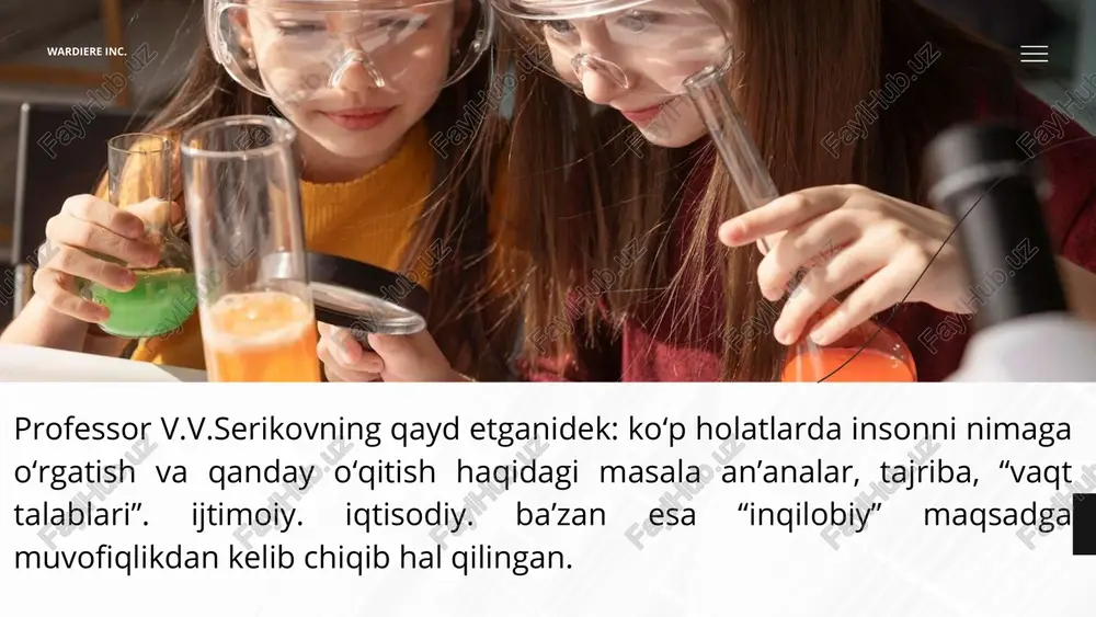 sh uchun dalillarga suyanadi. har bir ijod namunasi falsafaning kate- goriyalari bo‘lmish - sabab va oqibat, imkoniyat va voqeilik, mazmun va shakl, zaruriyat va tasodif, mohiyat va hodisa bir butun xolda hamda qismlar orqali ularning metodologik xususiyatlaridan foydalanib, o‘z xulosalarini chiqaradi. bu xulosalar dalil tushunchasi orqali amalga oshiriiganda ijodda mustahkam o‘rinni egallaydi, ijod natijasi haqiqatga aylanadi. pedagogik tajriba-sinov ishlarini tashkil etish o„ziga xos murakkab va ma‟suliyatlidir. inson predmetida ayniqsa tajriba-sinov o„tkazish aniq dastur asosida tashkil etilishi, dastur har tomonlama pedagogika psixologik qonuniyatlar, shart-sharoitni hisobga oladi. bu shunday tafakkur va fikrlash jarayoni bo‟lib, uning yordamida tabiiy yoki maxsus yaratilgan, nazorat qilinadigan, boshqariladigan pedagogik farazlar, g‟oyalar, yangiliklar o‟quv jarayoniga tatbiq qilinadi. pedagogik ilmiy farazlar, muammolarni xal qilish-ning yangicha yo‟llari va vositalari izlanadi. pedagogik tajriba-sinov bu, umummilliy tafakkur jarayoni bo‟lib, pedagogik omillar, shart-sharoitlar, jarayonlar o‟rtasidagi sabab va oqibatlar bilan bog‟-liq o‟rganiladigan bir yoki bir necha ob`ekt yoxud tizim-larni aniq rejalar asosida oydinlashtirish imkonini …