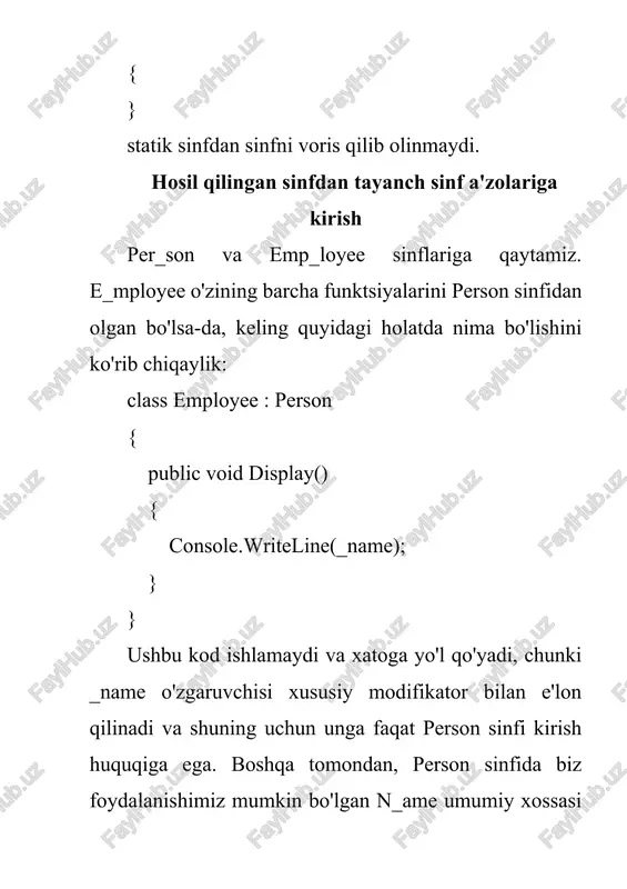 3. person(string name) konstruktori chaqiriladi va bajarilishini system.object sinfining konstruktoriga topshiradi, chunki bu person uchun standart bo'yicha bazaviy sinf. 4. system.object.object () konstruktori bajariladi, so'ngra person(string name)konstruktoriga qaytariladi. 5. person(string name) konstruktorining tanasi bajariladi, so'ngra bajaruv person(string name, int age) konstruktoriga qaytariladi 6. person(string name, int age) konstruktorining tanasi bajariladi, so'ngra bajarish employee(string name, int age, string company) konstruktorga qaytadi. 7. employee(string name, int age, string company) konstruktor tanasi bajariladi. natijada, employee ob'ekti yaratiladi