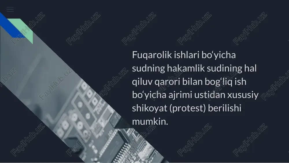 ilmaydi. fuqarolik ishlari bo‘yicha sud hakamlik sudining hal qiluv qarorini bekor qilish to‘g‘risidagi ishni ko‘rib chiqish natijalari bo‘yicha ushbu kodeksda hal qiluv qarori qabul qilish uchun nazarda tutilgan qoidalarga ko‘ra ajrim chiqaradi. fuqarolik ishlari bo‘yicha sudning hakamlik sudi hal qiluv qarorini bekor qilish to‘g‘risidagi yoki hakamlik sudi hal qiluv qarorini bekor qilishni rad etish haqidagi ajrimida quyidagilar ham ko‘rsatilishi lozim: 1) hakamlik sudining nizolashilayotgan hal qiluv qarori to‘g‘risidagi va mazkur qaror qabul qilingan joy haqidagi ma’lumotlar; 2) nizolashilayotgan hal qiluv qarorini qabul qilgan hakamlik sudining nomi va tarkibi to‘g‘risidagi ma’lumotlar; 3) hakamlik muhokamasi taraflarining familiyasi, ismi, otasining ismi (nomi); 4) hakamlik sudining hal qiluv qarorini to‘liq yoki qisman bekor qilishga yoxud arizachining talabini to‘liq yoki qisman qanoatlantirishni rad etishga doir ko‘rsatma. e’tiboringiz uchun rahmat!!!!!! image13.png image11.png image2.jpg image4.jpg image12.png image9.jpg image1.jpg image7.jpg image10.jpg image8.jpg image6.jpg