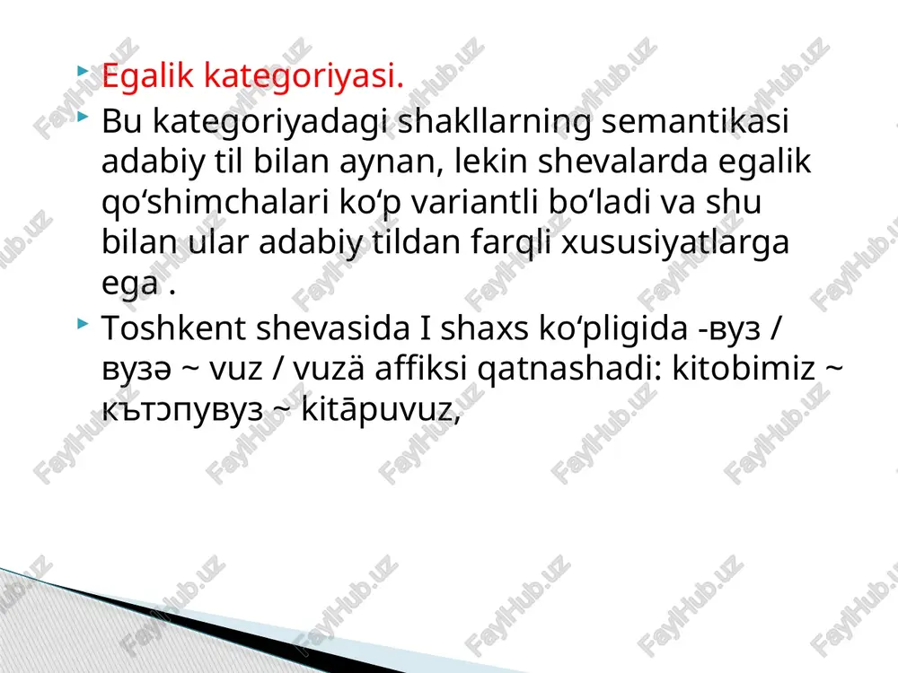 avomiyligi yuz beradi: äbrār uxläp uxläp turdi (toshkent). bitishuv [contiguity, parataxis] – ikki mustaqil so‘zning grammatik ko‘rsatkichlarsiz birikuvi. boshqaruv [government] – hokim so‘zning talabiga ko‘ra tobe so‘zning tushum va vositali kelishiklari hamda ko‘makchilar vositasida aloqaga kirishuvi. gap [sentence] – fikrni ifoda qiluvchi til va nutq birligi. inversiya [inversion] – gap bo‘laklarining odatdagi tartibining buzilishi va u shu gapdagi bo‘laklarining gapdagi mavqeyiga ta’sir etmasligi. moslashuv [conformance] – qaratqich va qaralmish munosabati. so‘z birikmasi [phrase] – ikki mustaqil so‘zning o‘zaro aloqaga kirishuvi. shevalarda egalik kategoriyasi – shevalardagi egalik shakllarini birlashtiruvchi tushuncha. shevalarda grammatik son kategoriyasi – shevalardagi birlik, juftlik va ko‘plikni birlashtiruvchi tushuncha. shevalarda kelishik kategoriyasi – kelishik shakllarini birlashtiruvchi tushuncha. shevalarda so‘z yasalishi – shevalardagi yangi so‘z hosil qilish tizimi. shevalarining morfologik va sintaktik xususiyatlari – o‘zbek shevalaridagi so‘z turkumlari va so‘z tarkibi hamda uning sintaktik image1.jpeg /docprops/thumbnail.jpeg