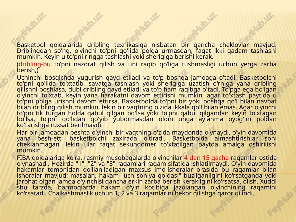 la bo'lgan o'yin vaziyatida qasddan xato uchun) va boshqalar. basketboldagi eng og'ir jazo diskvalifikatsiya deb ataladigan qoidabuzarlikdir. bu jiddiy qoidabuzarlik uchun e'lon qilinadi va o'yinchini diskvalifikatsiya qilish va o'yin oxirigacha, u allaqachon qilgan qoidabuzarliklari sonidan qat'i nazar (u boshqa basketbolchi bilan almashtiriladi) maydondan chetlatiladi. agar ringga tashlagan o'yinchiga nisbatan shaxsiy qoidabuzarlik sodir etilgan bo'lsa yoki texnik qo'pollik chaqirilgan bo'lsa, hakam qoidabuzar o'yinchiga shaxsiy izoh berishdan tashqari, jarima zarbalarini ham belgilaydi. buzilishning xususiyatiga qarab, uloqtirishlar jabrlanuvchining o'zi yoki uning jamoadoshlaridan biri tomonidan amalga oshiriladi. erkin zarbalar qalqondan 6 m masofada joylashgan maxsus nuqtadan olinadi. har bir aniq otish bir ochkoga arziydi, shuning uchun ikkita erkin to'p ikki ochkoga ega bo'lishi mumkin. zamonaviy basketbol qoidalariga "o'yinchilar etishmasligi tufayli yutqazilgan o'yin" (agar jamoaning ro'yxatida faqat bitta o'yinchi qolsa, mag'lubiyatga uchragan o'yin) va "mag'lubiyatga uchragan o'yin" (jamoa boshlash yoki davom ettirishdan bosh tortgan vaziyatda) kabi bandlarni o'z ichiga oladi. hakamning tegishli signalidan keyin o'yin). …