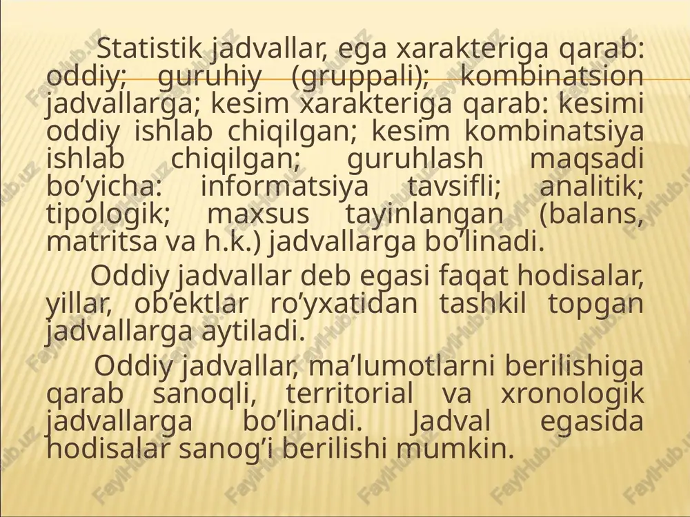 niflanadi: mazmuni yoki vazifasiga ko’ra: taqqoslovchi grafiklar; turli nisbiy miqdorlar (tarkib, dinamika va h.k.) grafiklari; dinamika qatorlari grafiklari; variatsion qatorlar grafiklari; hududlar joylashuvi grafiklari (xaritalar); o’zaro bog’lanishdagi ko’rsatkichlar grafiklari va boshqalar. grafik tasvirni geometrik shakliga ko’ra (4-rasm): nuqtali; chiziqli; yassi (ustunli, lentali yoki tasmali, kvadrat, doira, sektor, figura va hokazo); hajmli. grafik tasvirni ifodalash usuliga ko’ra (5-rasm): diagrammalar; statistika xaritalari (xaritogramma va xaritodiagrammalar). statistik grafiklar chiziqli yassi hajmli statistik chiziklar ustunli lentali kvadratli doirali sektorli figurali nuqtali fonli ustki taqsimlanish diagramma – bu grafiklarning keng tarqalgan turidir. ular bir-biriga bog’liq bo’lgan kattaliklarni turli jihatlarini ifodalashda qo’llaniladi. bunda o’rganilayotgan, tahlil qilinayotgan miqdorlar ularni tushunish, yaqqol namoyon bo’lishi qulay bo’lgan diagramma shakllari (ustunli diagrammalar, lentali diagrammalar, chiziqli diagrammalar, figurali diagrammalar,sektorli yoki doirasimon diagrammalar) orqali tasvirlanadi echilayotgan topshiriqni xususiyatiga ko’ra diagrammalar taqqoslash, tuzilmaviy, dinamika va o’zaro bog’lanishni ifodalovchi diagrammalarga bo’linadi. statistik grafiklarning asosiy turlariga yana gistogramma, poligon, ogiva, kushumeta va boshqalar kiradi. taqqoslash …