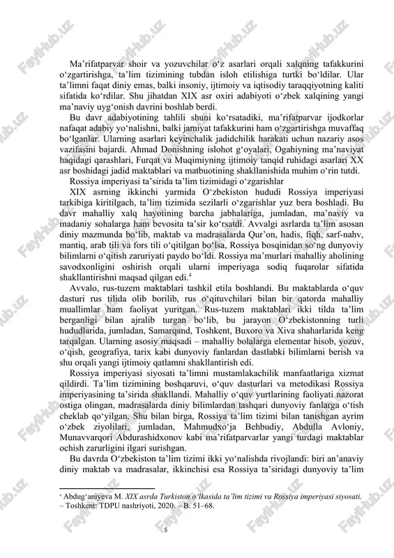 ik harakati ta’sirida asta-sekin yangilana boshladi. yangi usuldagi maktablarda yozma mashqlar, darsliklardan foydalanish, savol-javob usuli kabi zamonaviy metodlar joriy qilina boshladi. shu tarzda, o‘z davri uchun asosiy bilim manbai bo‘lgan maktab va madrasalar o‘zbekiston ta’lim tarixida muhim o‘rin egalladi. 3. xix asrning ikkinchi yarmida ma’rifatparvarlik harakatining paydo bo‘lishi xix asrning ikkinchi yarmi o‘zbekiston tarixida madaniy-ma’naviy uyg‘onish davri sifatida e’tirof etiladi. aynan shu davrda milliy adabiyot orqali xalq ongida ma’rifatparvarlik, yangilanish va taraqqiyot g‘oyalari kuchaygan. adabiyot jamiyatning ijtimoiy hayotiga bevosita ta’sir ko‘rsatgan, yozuvchi va shoirlar esa xalqni ilm-ma’rifat, adolat va taraqqiyot yo‘liga chorlagan yetakchilarga aylangan.[footnoteref:2] [2: saidov a. o‘zbekistonda madaniyat va ta’lim taraqqiyoti tarixidan lavhalar. – toshkent: fan va texnologiya, 2014. – b. 90–108.] bu davrda yaratilgan asarlar xalqni o‘ylashga, o‘z hayotini tahlil qilishga, ilm olish va taraqqiyotga intilishga undagan. ayniqsa, ahmad donish, munis xorazmiy, ogahiy, furqat, muqimiy, avaz o‘tar o‘g‘li kabi ma’rifatparvar ijodkorlar asarlarida zamonning muammolari, jaholatga qarshi kurash, adolatli …