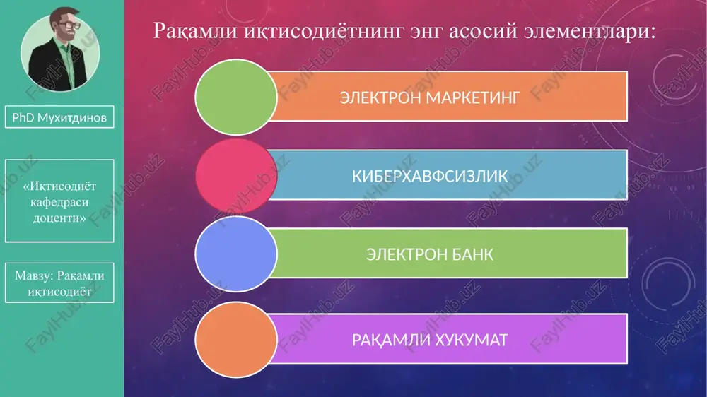 mi satoshe nomi berilgan 27 koin phd muxitdinov «iqtisodiyot kafedrasi dotsenti» mavzu: raqamli iqtisodiyot bitkoin g'oyasi 28 phd muxitdinov «iqtisodiyot kafedrasi dotsenti» mavzu: raqamli iqtisodiyot kriptovalbtalar marzashlashmagan raqamli valyuta hisoblanadi. bu vertual valyuta internet tarmog'ida yaratilib barcha bitimlar faqat internet orqali amalga oshiriladi. bu xech qanday bank tomonidan nazorat qilinmaydi 29 phd muxitdinov «iqtisodiyot kafedrasi dotsenti» mavzu: raqamli iqtisodiyot 2010 yilda 1 bitkoin 0,003 sent kursga ega bo'lgan kriptovalyuta hisoblanada 2011 yilda forbes nashri bitkon to'g'risida maqola elon qilgandan keyin birdaniga talab oshganligi tufayli narhi ko'tarilib ketgan 30 phd muxitdinov «iqtisodiyot kafedrasi dotsenti» mavzu: raqamli iqtisodiyot bitkon asoschisi satoshi 1 million bitkon mayning qilgan va bu xozirgi kunga kelib 17 milliard dollarga tengdir hozirgi kunda muomalada 15 milliondan ortiq bitkoinlar emissiya qilingan va bitkoinni 21 million lona emissiya qilish rejalashtirilgan 31 phd muxitdinov «iqtisodiyot kafedrasi dotsenti» mavzu: raqamli iqtisodiyot kriptovalbtalar yutuq tomoni inflyatsiyaga uchramaydi. tranzaktsiyalar uchun xech qanday komissiya va …