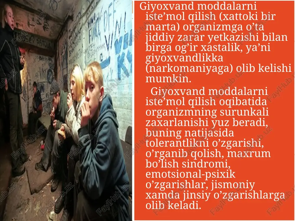 li: birinchi yili - har oyda bir marta narkologik kabinetga borish, 2 nchi yili - ikki oyda bir marta, 3 nchi yili uch oyda bir marta, 4 nchi yili - har to’rt oyda bir marta va 5 nchi yili bir yilda ikki marta narkologik kabinetga uchrashishi kerak. narkomanlarni va toksikomanlarni davolash statsionardan chiqqach bir oy mobaynida davom ettiriladi. davolash, ya’ni bemor bilan yaqin muomulada bo’lish bilan psixoterapiya va gipnozoterapiya kurslarini o’tkazish usullari bilan olib boriladi ziyaevlar oilasining 5 ta –ma qoidasi 1. o’qishdan keyin o’ynama 2. tunda kuchada yurma 3. uyda tatimagan, ko’rmagan narsangni xech joyda tatima 4. begona odamlar bilan gaplashma 5. oila avtoritetini tushirma ogoh bo`ling-sog’ yashaysiz! e’tiboringiz uchun tashakkur kajdiy normalniy chelovek stremit kajdiy normalniy chelovek stremit