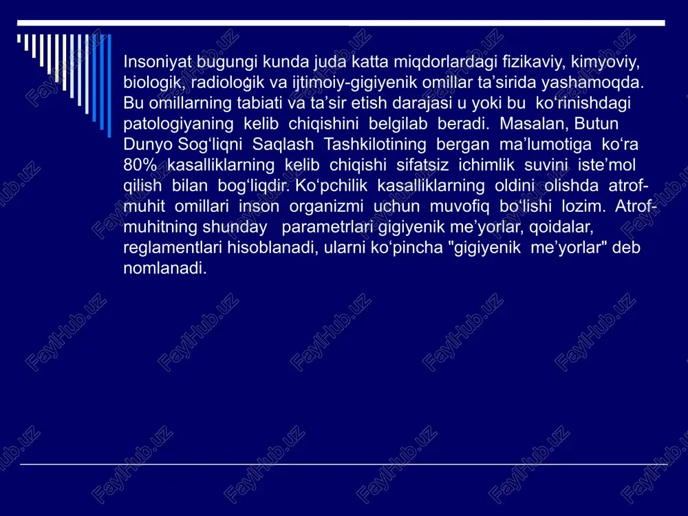 larga ruxsat etiladigan konsentratsiyalar (rek) ni kiritish mumkin. - atmosfera havosidagi kimyoviy moddalarni reglamentlash; - kimyoviy moddani havzalardagi suvda reglamentlash; - kimyoviy moddalarni tuproqda reglamentlash; - kimyoviy moddalarni oziq-ovqat mahsulotlarida reglamentlash gigiyenik reglamentlashtirishda gigiyena-toksikologik tekshirishlar quyidagi bosqichlarda umumiy ko‘rinishga ega bo‘ladi: moddaning fizik-kimyoviy xossalarini o‘rganish (agregat holati, tashqi ko‘rinishi, rangi, hidi, solishtirma og‘irligi, turli muhitlarda erish xususiyati, barqarorligi, bug‘lanish xususiyati va b.q.) zaharlilik xossasini baholash maqsadida toksikologik tekshirishlarni o‘tkazish kerak, bunda organizmga zaharli ta’sir ko‘rsatish tabiati, maxsus ta’sir xususiyatlariga ega ekanligi aniqlanadi. toksikologik tekshirishlar laboratoriyalarda eksperimental hayvonlar organizmida sinash orqali o‘tqaziladi (oq sichqonlar, oq kalamushlar, quyonlar yoki boshqa hayvonlar) va u bir necha variantlarda amalga oshiriladi: a) o‘tkir tajribalar. asosiy vazifa - quyidagi toksikologikparametrlarni aniqlash - ld 50, ld 16, ld 84, cl 50 va o‘tkir zaharlanishdagi klinik belgilar aniqlanadi. b) oraliq tajriba. asosiy maqsadi-laboratoriya hayvonlari organizmiga ko‘p marta yuborgandagi kumulyativlik xossasini aniqlash 1/5- 1/10 ld 50. d) surunkali toksikologik …