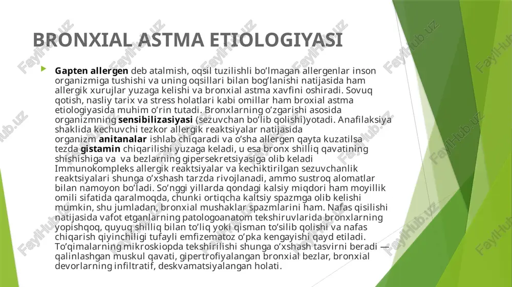 dek, davolash samaradorligini nazorat qilish uchun muhim ahamiyatga ega. bronxial astmani tashxislash umumiy qon tahlili. eozinofiliya va echtning biroz ortishi. umumiy balg’am tahlili. bal’gamga mikroskop ostida qaralganda unda ko’p miqdorda eozinofillarni, sharko-leyden kristallarini, kurshman spirallarini aniqlash mumkin. neytral leykotsitlar faol yallig’lanish jarayoni ostida bo’lgan, infektsiya bilan bog’liq bronxial astma bilan og’rigan bemorlarda aniqlash mumkin. qonning biokimyoviy tahlili — tashxislashning asosiy usuli emas, bemor hoaltini aniqlash uchun qo’shimcha sifatida qo’llaniladi. immunitet holatini o’rganish. bronxial astmada t-supressorlarning soni va faolligi keskin kamayadi, qonda immunoglobulinlarning soni ortadi. immunoglobulin e miqdorini aniqlash uchun testlardan foydalanish allergologik sinovlari o’tkazish imkoniyat bo’lmaganda muhim ahamiyatga ega. bronxial astmani davolash bronxial astma surunkali kasallik bo’lgani va xurujlar davriyligidan qat’iy nazar, davolashning asosida allergenlar bilan aloqani cheklash, to’gri parhezga rioya qilish va to’g’ri ishda ishlash yotadi. agar allergenni aniqlash imkoni bo’lsa, o’ziga xos giposensibilitiv davolash allegenga organizmning reaktsiyasini kamaytirishga yordam beradi. nafas qisilishi xurujlarini bartaraf etish maqsadida aerozol shaklida …