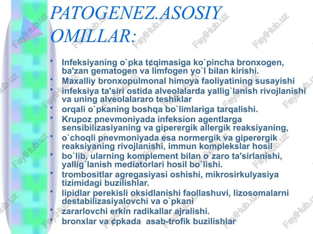yishi, ba'zan parenximaning o`choqli infiltrasiyasi laborator tekshiruvlar leykositoz, aniq ifodalangan neytrofil siljishsiz, musbat serologik, reaksiya pnevmoniyani davolash ka salxona ichidagi aerob «gr.-» tayokchalar+ st. aureus ps.aeruginosa + anaerobi 1. aminoglikozidlar (amikin 500 mg x 2 r. 5 dney) + ureidopenisillinlar (azlosillin) 2. sefalosporinlar iii sefobid 1-2g x 2r. 3. imipinem / silastin tienam 500 mg x 3 r. 4. monobaktamlar: aztreonam metronidazol 500 mg x 3-4 r. v/v yoki klindamisin 0,3-0,9 x 3 r. (dalasin s) prognoz jarayon o\g`irligi, etiotrop davoning vaqti va rasional tanlash bilan bog`liq o`tkazilgan og`ir pnemoniyadan keyin turli fizioterapevtik muolajalar, shifobaxsh nafas gimnastikasi, massajlar tarzidagi reabilitasion chora-tadbirlar tavsiya etiladi. image1.png image2.jpeg image3.png image4.png image5.png image6.png image7.png /docprops/thumbnail.jpeg