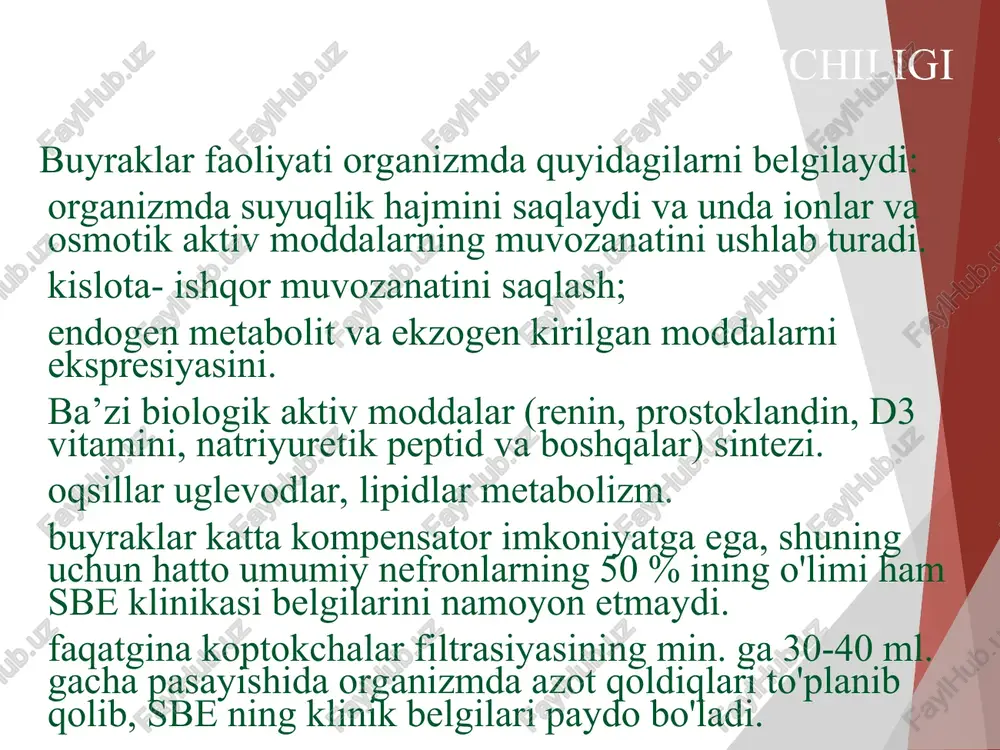 i qon ketishlar yuzaga chiqadi. asab tizimining zararlanishi. periferik polineyropatiyalar tez avj olib, u paresteziya, oyoqlarining “kuyish” kabilarda namoyon bo'ladi. keyinchalik esa mushaklarda bo'shashishi, mushaklar qo'llar titrog'i, oyoqlarda qaltirashlar, hotiraning susayishi, uyquning buzilishi, o'tkir psihoz, epileksiyasimon tutqanoqlar, kam rivojlanadi. klinikasi yurak- qon tomir va o'pkalarning zararlanishi. sbe ning eng ko'p uchraydigan belgisi bu arterial gipertoniya bo'lib, u “havfli”- ensefalopatiya, qaltroqlar hurujlari, ko'z tubiga qon quyilishi va ko'z nervining shishi bilan kechadi. sbe ning so'nggi bosqichlarida kardiomiopatiya rivojlanib, uning asosini yurakning zo'riqishi, gipertoniya gipervolimiya, anemiya, asidoz, elektrolitlar buzilishi tashkil etadi. klinik belgilari sifatida ritm buzilishlari va yurak yetishmovchiligi ko'rinishlari rivojlanadi. shuningdek, havfli asoratlardan biri sifatida gemorragik, perikardit (yurak tamponadasi, qon etishmovchiligiga sabab bo'ladi), o'pka shishi hisoblanadi. rentgenologik o'pka shishi “kapalak qanotlari” shaklida namoyon bo'ladi, bu o'pka ildizi tomirlarda qonning dimlanishini ko'rsatadi. klinikasi hazm qilish traktining buzilishi. deyarli hamma bemorlarda dispeptik gastroentrokolit (bazida qon ketishi mumkin) rivojlanadi. reaktiv pankreatit, uremik psevdoperitonit rivojlanishi …