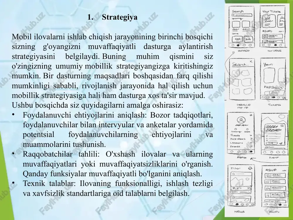 n chegaralanadi; 7 maslahatlar bo’lishi kerak; 8 agar foydalanuvchi bir necha marta bosilmaydigan elementni bosish ehtimoli bo'lsa yoki sizda nostandart boshqaruv elementlari mavjud bo'lsa, unga ko'rsatma qo'shish kerak. shriftlar asossiz kichik bo'lmasligi kerak; igni veb-studiyasidagi sarlavhalar uchun odatda 18 - 24 piksel shrift, asosiy matn uchun - 14 - 16 piksel, maslahatlar uchun - och kulrang shriftlar 12 - 14 piksel; 14 4. ilovalarni ishlab chiqish rejalashtirish mobil ilovalarni ishlab chiqish jarayonida ushbu bosqichning ajralmas qismi bo'lib qolmoqda. haqiqiy ishlab chiqish / dasturlash ishlari boshlanishidan oldin sizga quyidagilar kerak bo'ladi: texnik arxitekturani aniqlang, texnologiya to'plamini tanlang va rivojlanish bosqichlarini belgilash. oddiy mobil ilovalar loyihasi uchta ajralmas qismdan iborat: orqa / server texnologiyasi, api (application programming interface) va mobil ilovaning oldingi qismi. agile metodologiyasi: ilova ishlab chiqish jarayonini kichik bo'laklarga bo'lish va har bir bo'lakda doimiy ravishda foydalanuvchi fikrlarini olish. kod yozish va optimallashtirish: kodni yozish va uni samarali va oson …