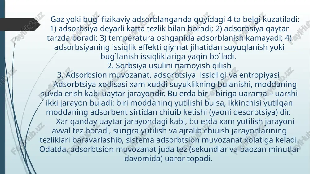eyiladi. adsorblash mausadlari uchun aktivlangan kumir juda kup ishlatiladi. aktivlangan kumir govak modda bulib, asosan, ugleroddan iborat. turli organik moddalarning xavo kirmaydigan joyda uizdirilishidan xosil bulgan kumirda xar xil smolalar bulib, ular kumirning teshiklarini berkitib uuyadi. bu smolalarni yo`qotib, kumirning govakligini oshirish masadida kumir maxsus ishlanadi, ya`ni aktivlashtiriladi. kumir qanday sharoitda aktivlanganiga qarab, yo kislotalarni yoki asoslarni kuprou adsorblaydi. a.n.frumkin fikricha, aktivlangan kumirda xuddi gaz elektrod xodissasi kabi xossa bor; masalan, kislorod ishtirokida aktivlangan kumir xuddi kislorod elektrod vazifasini utab, suv ishtirokida uz sirtiga on – ionlarni ajratib chiqaradi. bunday kumir faqat kislotalarni adsorblab, asoslarni adsorbilanmaydi. lekin vodorod ishtirokida aktivlangan kumir xuddi vodoro elektrod xossalariga ega buladi. shuning uchun sirtiga eritmadan n+ ionlarni ajratib chiqaradi va faqat asoslarni adsorbilaydi. adsorbtsiya bilan boliu ishlarda, kumirdan tashqari, boshua bir adsorbent silikagelp xam kup ishlatiladi. silikagelp silikat kislotaning suvsizlantirilgan gelidir. silikagelp kislota xarakteriga ega bulgan adsorbentlar uatoriga kiradi, u asosan asoslarni adsorblaydi. eritmalarda …