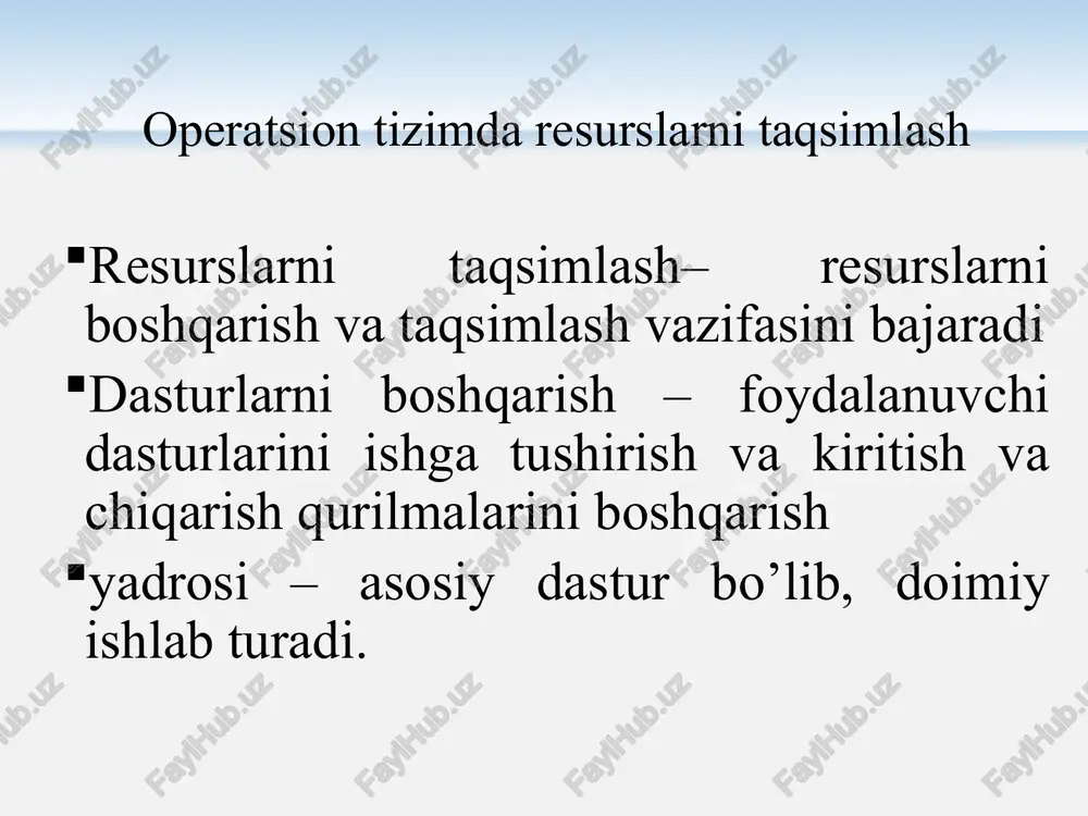 nib olish ) qilish barcha kiritish – chiqarish amallariga xizmat qilish va h.k. 25 nazorat savollari abstrakt mashina o’ziga xos xususiyatlarini ko’rsating?. resurslarni boshqarishda operatsion tizim yechadigan masalalar?. operatsion tizim funksiyalarini ko’rsating?. foydalanilgan adabiyotlar 1. andrew s. tanenbaum, albert s. woodhull. operating systems: design and implementation, chapter 1 2. gordeev a.v. operatsionnie sistemi, glava 1 3. http://en.wikipedia.org/wiki/usage_share_of_operating_systems 4. www.etuit.uz image1.png image2.gif /docprops/thumbnail.jpeg