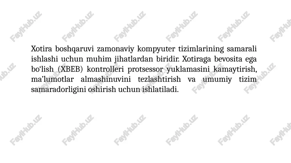 iometrlar bilan ishlash uchun mo‘ljallangan. yetaklovchi-yetaklanuvchi (master-slave) prinsipi asosida ishlaydi. i2c interfeysi inter-integrated circuit (i2c) – ketma-ket sinxron interfeys. 7-bit yoki 10-bit manzillash yordamida ishlaydi. qo‘llanilishi: nvram, past tezlikdagi sensorlar, monitor sozlash modullari. ethernet interfeysi: mahalliy va global tarmoqlar uchun asosiy interfeys. industrial ethernet sanoat avtomatlashtirishda ishlatiladi. tcp/ip protokoli asosida ishlaydi. lin interfeysi local interconnect network (lin) – avtomobillarda arzon tarmoq interfeysi. eshik qulflari, oynalarni boshqarish, iqlim nazorati tizimlarida qo‘llaniladi. can tarmog‘i bilan birgalikda ishlaydi. m2m texnologiyasi machine-to-machine (m2m) – avtomatlashtirilgan qurilmalararo aloqa. gprs, lte tarmoqlari orqali ishlaydi. qo‘llanilishi: avtomatlashtirilgan monitoring, transport kuzatuvi. foydalanilgan adabiyotlar m.m. musayev, a.a. kaxxarov. “vstroennie sistemi. uchebnoe posobie”. «mahalla va oila nashriyoti», tashkent 2021.-187 c. musayev m.m., kahharov a.a. “o‘rnatilgan tizimlar”. o‘quv qo‘llanma. «mahalla va oila nashriyoti», toshkent 2021.-318 b. kaxxarov a.a., shukurov k.e., atadjanova n.s. “o‘rnatilgan tizimlar. amaliy mashg‘ulotlar to‘plami”. o‘quv qo‘llanma. «mahalla va oila nashriyoti», toshkent 2021.-402 b. kaxxarov a.a., xoldorov sh.i., xasanov …