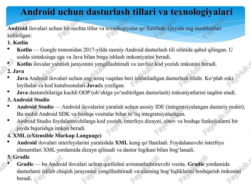 droid ilovalari uchun asosiy do'kon. ilovani joylashtirish uchun google play developer hisobini ro'yxatdan o'tkazishingiz kerak. amazon appstore: amazon qurilmalari uchun mo'ljallangan ilovalar do'koni. android ilovalarini joylashtirish imkonini beradi. samsung galaxy store: samsung qurilmalari uchun maxsus do'kon. bu erda samsung foydalanuvchilari uchun optimallashtirilgan ilovalarni joylashtirish mumkin. huawei appgallery: huawei qurilmalari uchun rasmiy do'kon. o'z ilovalarini joylashtirish imkonini beradi. microsoft store: windows telefonlari va kompyuterlari uchun ilovalar joylashtirish joyi. apple app store — bu ios operatsion tizimida ishlovchi ilovalar uchun rasmiy do‘kon bo‘lib, foydalanuvchilar iphone va ipad qurilmalariga ilovalarni shu platformadan yuklab olishadi. ilovalarni app store’da joylashtirish jarayoni qattiqroq talablar va ko'proq cheklovlarga ega: ilovalarni yuklash uchun ishlab chiquvchilar apple developer program'ga a'zo bo‘lishlari kerak. yillik a'zolik narxi $99. ilovani xcode dasturida ishlab chiqish va app store uchun tayyor formatga olib kelish (ipa formatida). apple ilovani texnik va dizayn talablari bo‘yicha sinovdan o‘tkazadi. tekshiruv jarayoni ancha qat'iy va bir necha kun davom …