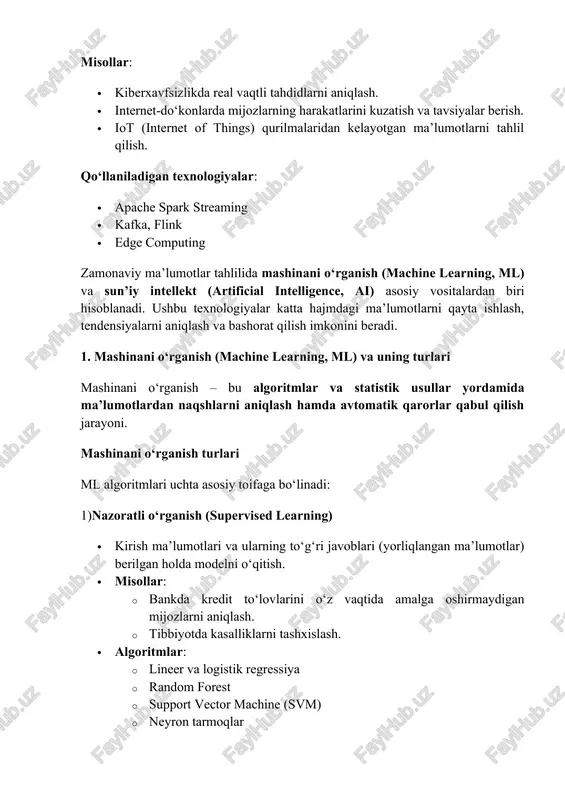 a’lumotlardan ajratib beradi. autoencoder (ae) – chuqur o‘rganish asosida ma’lumotlarning siqilgan versiyasini o‘rganib, anomaliyalarni farqlaydi. one-class svm – bir sinfli support vector machine modeli, odatiy naqshlarni o‘rganib, farqli ma’lumotlarni ajratib beradi. dbscan – klasterlash usuli bo‘lib, zichlik asosida anomaliyalarni aniqlaydi. qo‘llash sohasi moliyaviy firibgarlik – kredit karta tranzaksiyalaridagi shubhali operatsiyalarni topish. kiberxavfsizlik – xakerlik hujumlarini oldindan aniqlash. sanoat monitoringi – ishlab chiqarishdagi nosozliklarni avtomatik tahlil qilish. 4. real vaqt rejimida ai asosida tahlil qilish hozirgi zamonaviy tizimlarda real vaqtli tahlil juda muhim. ma’lumotlarni katta hajmda tezkor qayta ishlash va xulosalar chiqarish uchun quyidagi texnologiyalar qo‘llaniladi: apache spark mllib – katta ma’lumotlar bilan ishlash uchun mashinani o‘rganish kutubxonasi. tensorflow & pytorch – sun’iy neyron tarmoqlarni yaratish va o‘qitish. kafka & flink – streaming tahlil uchun real vaqt tizimlari. 3) anomaliyalar va ularning turlari. noyob hodisalar (anomaliyalar) – bu ma’lumotlar to‘plamida umumiy tendensiyadan keskin farq qiluvchi qiymatlar bo‘lib, ular ma’lumotlarning tabiiy xususiyatlari …