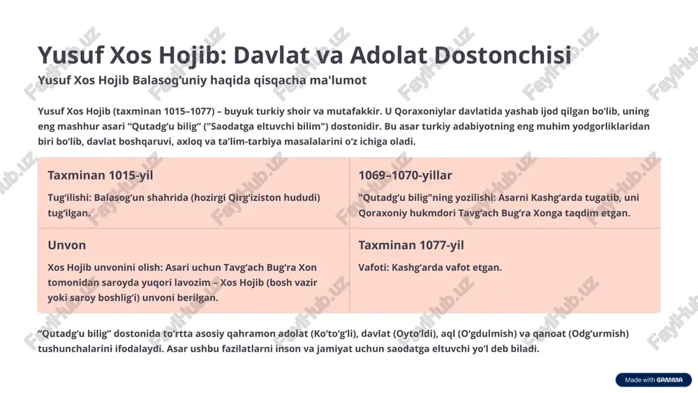 ir ahmad ibn mahmud yugnakiy (xii asr) – turkiy adabiyotning yorqin namoyandalaridan biri. uning hayoti haqida ma’lumotlar kam bo‘lsa-da, uning yagona saqlanib qolgan asari “hibatul-haqoyiq” ("haqiqatlar hadyasi") turkiy-islomiy axloqiy didaktik adabiyotning noyob namunasi hisoblanadi. xii asr boshlari tug‘ilishi: toshkent yaqinidagi yugnak qishlog‘ida tug‘ilgan. uning ko‘zi ojiz bo‘lganligi haqida ma’lumotlar mavjud, bu esa uning hikmat va ma’rifatga bo‘lgan ishtiyoqini yanada kuchaytirgan. xii asr o‘rtalari ijodiy faoliyat: “hibatul-haqoyiq” asarini qoraxoniylar hukmdori muhammad dod sipohsolorga bag‘ishlab yozgan. asar forsiy va arab adabiy an’analari ta’sirida yozilgan bo‘lsa-da, turkiy tilda yaratilgan. asarning maqsadi asar asosan iymon, axloq, bilimning ahamiyati va turli yomon odatlardan saqlanish zarurati haqidagi pand-nasihatlardan iborat. bu o‘sha davr turkiy aholisi uchun diniy-axloqiy qo‘llanma vazifasini o‘tagan. yugnakiyning ijodi turkiy xalqlar orasida islomiy qadriyatlarni oddiy va tushunarli tilda targ‘ib qilishda muhim rol o‘ynagan. 8 ahmad yugnakiyning ta’limiy-axloqiy qarashlari “hibatul-haqoyiq” asari orqali ahmad yugnakiy o‘z davrining asosiy axloqiy va ma’rifiy talablarini ifodalagan. uning qarashlari din …