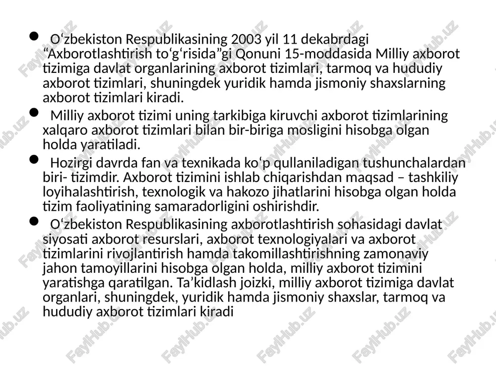 ompyuterlardir. bu bosqichda kundalik turmush, madaniyat va boshqa sohalarga mo'ljallangan texnik vositalarning o'zgarishi ro'y berdi. lokal va global kompyuter tarmoqlari ishlatila boshlandi. axborot texnologiyalari bir necha turlarga bo'linadi: 1. ma'lumotlarga ishlov beruvchi axborot texnologiyalari. ular ma'lum algoritmlar bo'yicha boshlang'ich ma'lumotlarga ishlov beruvchi masalalarni echishga mo'ljallangan. masalan, har bir firmada o'zining xodimlari haqidagi axborotga ishlov beruvchi axborot texnologiyasi albatta bo'lishi kerak. 2. boshqarishning axborot texnologiyalari. ularning maqsadi ish faoliyati qaror qabul qilish bilan bog'liq bo'lgan insonlarning axborotga bo'lgan talabini qondirishdan iborat. boshqarishning axborot tizimlari tashkilotning o'tmishi, hozirgi holati va kelajagi haqidagi axborotni ham o'z ichiga oladi. 3. ofis(idora)ning axborot texnologiyasi. avtomatlashtirilgan ofisning zamonaviy axborot texnologiyalari bu - tashkilot ichidagi va tashqi muhit bilan kommunikatsion jarayonlarni kompyuter tarmoqlari va axborotlar bilan ishlovchi boshqa zamonaviy vositalar asosida tashkil etish va qo'llab-quvvatlashdan iborat. buning uchun maxsus dasturiy vositalar ham ishlab chiqilgan. ulardan biri microsoft offise dasturlar paketidir. uning tarkibiga word matn muharriri, excel elektron …
