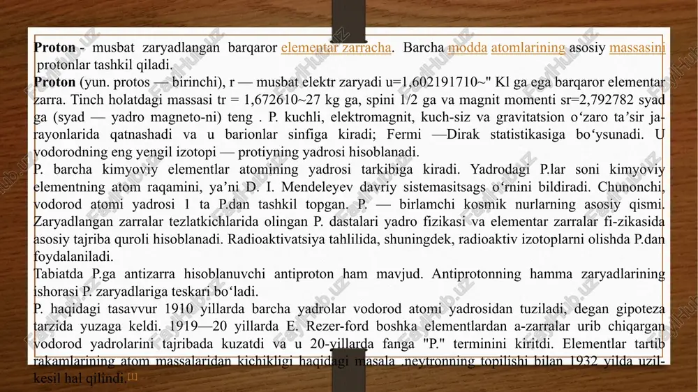 m va ionlar - asoslar deb sanaladi. shu bois yuqoridagi elementlar ionlashuvi potentsiallarini o`zgarishi an'anasiga qarab davriy sistemanning vertikal ustunlarida pastdan yuqoriga qarab elementlarning kislotalik xususiyati ortib boradi. elementning kislotali – ishqoriy miqdoriy ko`rinishini in/ri, kattalikda izohlash mumkin, bu erda in –ionlashish potentsiali, ri–ion radiusidir. ushbu nisbat kattalashishi bilan elementning kislotalilik xususiyalari kuchayadi. suvli aralashmalar uchun kartlej potentsiali (ion potentsiali)wi/ri, bu erda wi – ion valentligi, ri – uning radiusi. ushbu potentsialning o`sishi bilan ionlarning kislotalilik xususiyalari kuchayadi. atom tuzilishida elektronlarning joylashishi. atom murakkab tuzilishga ega. uning tashqi elektron qobiqlarining tuzilishini o’rganish shuni ko’rsatdiki, elektron yadro atrofida juda katta tezlik bilan harakat qilar ekan. u shu harakati davomida yadroni o’rab turgan fazoning istalgan joyida bo’lishi mumkin. atomdagi elektronning biror vaqt oralig’idagi yadroga nisbatan holatini nuqta bilan belgilasak, bunday nuqtalar elektronning harakati natijasida atom atrofida juda ko’p bo’ladi. natijada minglab nuqtalardan iborat elektron buluti hosil bo’ladi. elektron bulutining zichligi yadrodan uzoqlashgan …