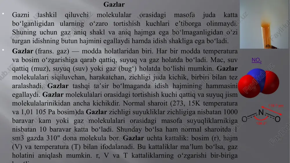 shaklini oladi. kimyoviy tarkibiga koʻra s. 1 komponentli (sof), 2 komponentli (binar), 3 komponentli va koʻp komponentli (4 va undan ortiq komponentli) suyuq aralashmalar (eritmalar)ga boʻlinadi. fizik tabiatiga koʻra s. normal (odatdagi), suyuq kristallar va kvant suyukliklar (suyuq 4ne, 3ne va ularning eritmalari)ga boʻlinadi. odatdagi s.lar faqat bitta fazaga ega. geliy "ne ikki suyuq fazada — normal va oʻta oquvchan fazalarda, suyuk, kristall moddalar esa normal va bir yoki hatto bir necha anizotrop fazalarda boʻlishi mumkin. normal s. tashqi taʼsir boʻlmaganida makroskopik bir jinsli va izotrop boʻladi. xuddi shu xossalari bilan s. gazga oʻxshaydi, ammo anizotrop kristall qagtiq jismlardan keskin farq qiladi. amorf qattiq jismlar (mas, shisha) oʻta sovitilgan s. boʻlib, odatdagi sdan kinetik harakteristikalari son qiymatlari bilan farq qiladi. agar s. qizdirila boshlansa, uning issiqlik oʻtkazuvchanlik, yopishqoqlik, diffuziya kabi xossalari gazlarning shunday xossalariga yakinlashib boradi. kristallanish temperaturasiga yaqinlashganda esa, kupchilik odatdagi s.larning zichligi, siqiluvchanligi, issiqlik sigʻimi, elektr oʻtkazuvchanligi kabi …