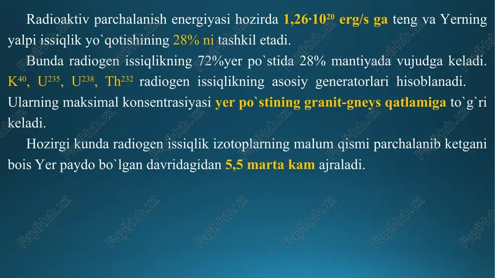 ni o`rnini ololmaydi. shu bois oltingugurt miqdori yuqori magmalarda xalkofil elementlar fes, (fe, ni)9s8, cufes2, nis, zns va boshqlarning sulfid molekulalari hosil qiladi va u sulfid eritma tomchilari shakllantirishadi. 2mgfe [sio4] + 2h2 s → 2fes + mg2[si2o6] + 2h2o sulfid eritma silikatlarnikidan og`ir va u bilan aralashmaydi. shu boisu magmatik kameraning tubiga cho`kadi va u yerda sulfid yotqiziqlardan tortib yirik konlar (norilsk, pechenega) hosil qiladi. flyuid- magmatik differensiasiya flyuid- magmatik differensiasiya quyidagi kechadi. magma tarkibida malum miqdorda flyuid komponentlar (h2o, co2, h2, co, f, cl, hcl, h2s, b2o3) bo`ladi, ular orasida h2o va co2 sanaladi. magmada flyuidlar miqdori 14 % gachayetishi mumkin. faqat magma flyuid komponentlarining oz miqdori (barcha suvning 5%, co2 ning 10%, xlorning 10% va hok.) amfibollar, slyudalar, apatitlar flyuorit va kvars va dala shpatlari va boshqalarning gaz-suyuqlik qo`shimchalari bilan bog`lanishi mumkin. minerallar tarkibiga kirmagan flyuid komponentlar xuddi yengillariga o`xshab intruziv kameraning, donador minerallar va magmaning kristallashmagan …