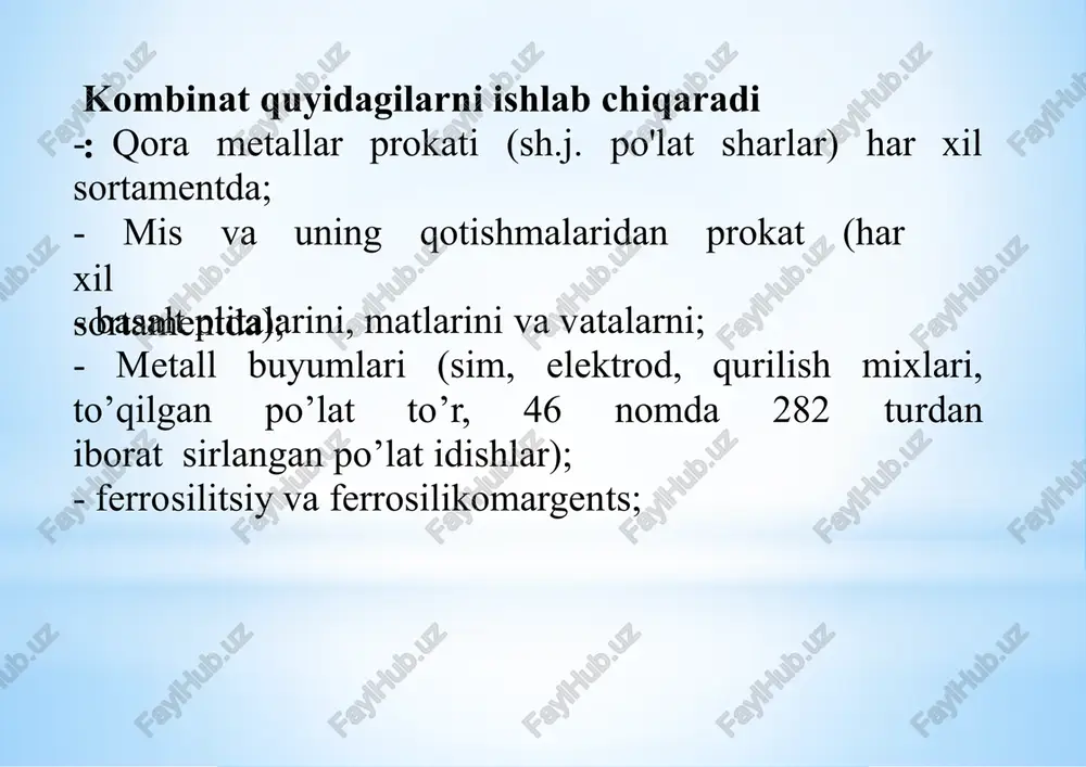 rilishimamlakatimizdaegiluvchanyuqori sifatliquvvatlarniyaratishimkoniniberadi,buesaishlab chiqarishhajminioshirish,yuqoriqo'shimchaqiymatli mahsulotlarishlabchiqarishorqalieksportsalohiyatini kengaytirishimkoniniberadi. mutahassislarning baholashlariga ko'ra, respublikaning katankaga bo'lgan ehtiyojyiliga 60 ming tonnadan ziyodni tashkil qiladi, qo'shni mamlakatlarining talablarini hisobga olmagan holda ham aksariyat mamlakatlarda bunday mahsulot ishlab chiqarilmaydi. kombinat rejaga ko`ra yiliga kamida 100 ming tonna mahsulot ishlab chiqaradi, ulardan taxminan 30% eksport qilishni rejalashtirmoqda. hamkorlik o`zmetkombinatdayangiishlab chiqarishquvvatlariishgatushirildi o`zbekistonrespublikasiprezidentining“2018– 2020yillarda“o`zmetkombinat”ajnirivojlantirish dasturito`g`risida”giqarorigamuvofiq kombinatimizda“ferrosilikomarganetsishlab chiqarishnitashkiletish”investitsionloyihasiamalga oshirildi. xalqaroseminaraloqalarizchil mustahkamlanmoqdatajriba almashdilar prezidentimizshavkatmirziyoyevtashabbusibilan qisqamuddatichidaqo`shnidavlatlarbilanbo`lgan munosabatlar tubdano`zgardi.bugungikunda markaziyosiyodaintegratsiyalashuvjarayonlarini mustahkamlashvarivojlantirishuchunyangi imkoniyatlarochildi. dushanbeshahrida“o`zmetkombinat”ajning savdouyiochildi.iqtisodiyaloqalaryanada rivojlanmoqda. o`zbekistonvatojikistonxalqlariniko`pasrlikdo`stlik vayaxshiqo`shnichilik,yagonadin,o`xshash madaniyat,urf-odatvaan'analarbir-biriga mustahkambog`labturadi.davlatrahbarlarining siyosiyirodasivauzoqniko`zlabyuritayotganoqilona siyosatitufayliso`nggiyillardamamlakatlarimizning ko`pqirralihamkorligiyangibosqichgako`tarildi. o`zbekiston–tojikistonmunosabatlaridaerishilgan ulkan ijobiyo`zgarishlarxalqlarimizo`rtasidagi do`stlikrishtalarinimustahkamlamoqda. biznes-forumaloqalarizchil rivojlanmoqda o`zbekistonvatojikistonxalqlario`rtasidagiko`pasrlik do`stlikan`anaviyyaxshiqo`shnichilik,o`zarohurmatva ishonchgaasoslanganmunosabatlarharikkixalqmanfaati yo`lidaizchilmustahkamlanibbormoq