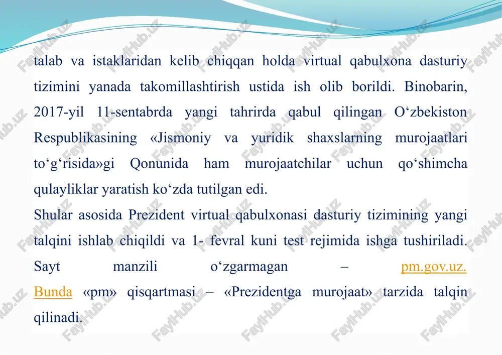 anidek, murojaatlarning salmoqli qismini huquqiy axborot yoki ma’lumot olish maqsadida yuborilgan murojaatlar tashkil etadi. fuqarolar hayotda uchraydigan turli-tuman masalalarda huquqiy maslahat olish uchun ham virtual qabulxonaga murojaat qilar va murojaat ko‘rib chiqilib, javobi murojaatchiga etib borgunicha anchagina vaqt talab qilinar edi. «onlayn maslahatchi» xizmati virtual qabulxona orqali savol yuborib, onlayn rejimda yuridik ma’lumotga ega bo‘lgan mutaxassislardan tezkor huquqiy maslahat olish imkoniyatini taqdim etmoqda. endilikda u yoki bu masala bo‘yicha huquqiy axborot olish uchun bir necha kun javob xati kelishini kutish zarurati qolmaydi. bu o‘z navbatida, portalda ro‘yxatga olinayotgan, faqat huquqiy ma’lumot olish nazarda tutilgan murojaatlar soni qisqarishiga, davlat organlarida boshqa turdagi murojaatlar bilan ishlash sifati oshishiga xizmat qiladi. jismoniy va yuridik shaxslarning huquqiy ma’lumot olishga bo‘lgan ehtiyojlari tezkor ravishda ta’minlanishiga erishiladi. “onlayn maslahatchi” moduli orqali ko‘p beriladigan savollar muntazam tahlil qilinib, shu asosda “ko‘p beriladigan savollar” bo‘limi to‘ldirib boriladi. davlat organlari rahbarlariga prezident virtual qabulxonasi orqali ham murojaat yo‘llash mumkin …