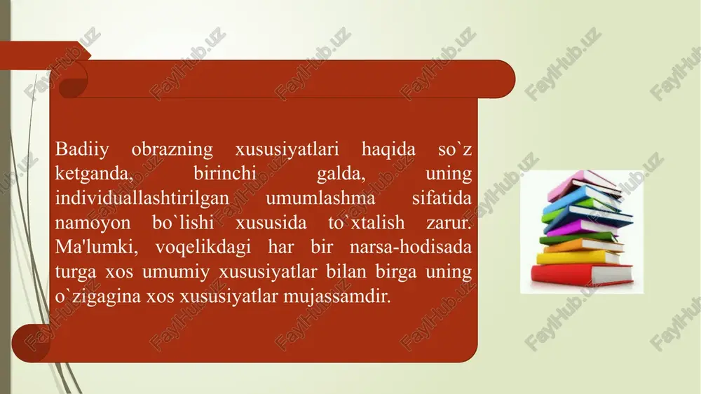 rgi adabiyotgacha ko`rish mumkin bo`ladi. arxetip konstruksiya va sxemalardan o`ziga xos "syujet va syujet holatlari" jamg`armasi hosil bo`ladiki, ular asardan asarga, davrdan davrga ko`chib yuradi. masalan, "bulbul — gul — chaqirtikanak» sxemasi xalq og`zaki ijodiga mansub ertak va dostonlarda («tohir — zuhra — qorabotir»), mumtoz she'riyat («oshiq — yor — ag`yor») va dostonchilikda («farhod — shirin — xisrav»), hozirgi adabiyotda («otabek — kumush — xomid», «yo`lchi — gulnor — mirzakarimboy» va b.) turlicha talqinlarini topganini ko`rish mumkin. savol va topshiriqlar: 1.«badiiy obraz badiiy adabiyot va san'atning tafakkur shakli» deyilishining boisini tushuntirib bering. 2.badiiy obrazning konkretliligi deganda nimani tushunasiz? 3. badiiy adabiyot individuallashtirish orqali umumlashtirishga intilishini o`z misolingizda tushuntiring. 4. badiiy obrazning ko`p ma'nolilik kasb etishi nimalarga bog`liq deb bilasiz? 5. badiiy adabiyotda inson obrazining markaziy o`rin tutishi nimaga bog`liq? 6. inson obrazini yaratish vositalari qaysilar? ularni konkret bir misol orqali tushuntirib bering. 1. boboev t. adabiyotshunoslik asoslari. - t.: o’zbekiston, …