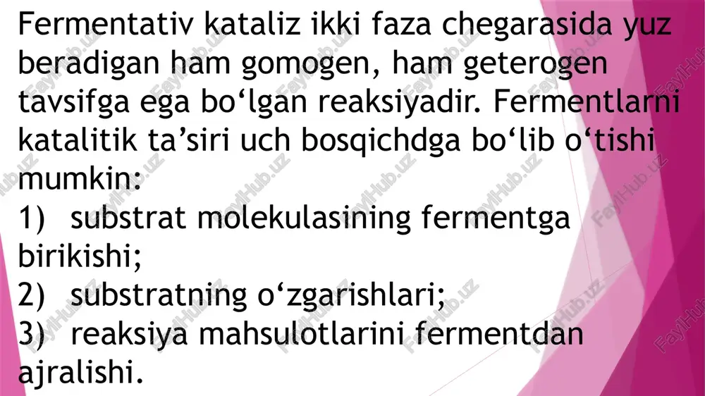 uhlarini o’tkazish (tashish)ni tezlashtiradi. o’tkazayotgan (tashiyotgan) atom guruhlariga qarab ular quyidagi sinfchalarga bo’linadi: metiltrasferazalar(-sn3), atsiltransferazalar(-soon), fosfotran-sferazalar (-n2ro4), aminotransferazalar (-nh2) 2. transferazalar ‒ har xil atom (yoki guruh, radikal)larni tashilishi reaksiyalarini katalizlaydi. ularning nomlanishi: “donor: tashiluvchi guruh-transferaza” shaklida amalga oshiriladi. masalan, metil-, formil-, atsetil-, amino-, fosfatransferazalar. gidrolazalar – oqsillar, lipidlar, uglevodlar, nuklein kislotalar va boshqalarni gidrolitik (suv ishtirokida) parchalanish reaksiyalarini katalizlaydi. gidrolazalarga barcha ovqat hazm qilish fermentlari kiradi.esterazalar, fosfatazalar, glyukozidazalar, peptidgidrolazalar sinfchalariga bo'linadi. 3. gidrolazalar ‒ organik moddalarning molekulalararo reaksiyasi bo‘lib, suv ishtirokida kechadigan, suv ajratish yo‘li bilan kechadigan sintez reaksiyalarini katalizlaydi. nomlanishi “substrat-gidrolaza” tartibida amalga oshiriladi. masalan, peptid- gidrolaza, glukozid-gidrolaza va h.k.. liazalar – organik moddalarni s–s, s–n, c–o bog`lari bo’yicha nogidrolitik (suv ishtirokisiz) parchalanishini katalizlaydi. ular so2, n2o, n2o, nn3 va boshqa murakkab guruhlarni uzib olishi mumkin. izomerazalar – organik moddalarning molekulalari ichidagi o’zgarishlarni, ya'ni bir izomerni boshqa izomerga aylanish jarayonlarini katalizlaydi. ligazalar yoki sintetazalar – atf yoki boshqa …