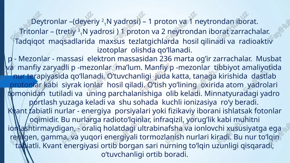 tgen va gamma nurlarning terapivlik maqsadlarda qo‘llanuvchi miqdorini o‘lchash asboblari rentgenometrlar, radioaktiv nurlari qayd qiluvchi va o‘lchovchi asboblar radiometrlar deyiladi. dozimetrlar qanday maqsadlar uchun qo‘llanishiga qarab 4 turga bo‘linadi: 1.radiasion – kimyoviy jarayonlarning nazorati uchun mo‘ljallangan dozimetrlar. o‘lchov diapozoni 104 –1010 rad, (100 –100.000.000 gr). 2.klinik va radiobiologik amaliyotlarda qo‘llanuvchi dozalarni o‘lchovchi dozimetrlar. o‘lchov diapozoni 1 - 104 rad, (0,01 – 10 gr). 3.individual dozalarni o‘lchovchi dozimetrlar. o‘lchov diapozani 0,01 - 100rad, (0,0001 - 1gr). 4.radiasion xavfsizlikni nazorat qilish dozimetrlari. o‘lchov diapozoni 0,1 – 103 mk rad/sek. registrasiya qilinadigan nur turiga qarab quyidagi dozimetrlar bo‘lishi mumkin: rentgen va gamma nurlar uchun beta dozimetrlar, neytronlar va aralash nurlar uchun (m.: beta va gamma; gamma va n0). radioaktivlik hodisasi. radioaktivlik hodisasi deb, radioaktiv izotoplar yadrosidan o'z o'zidan ma'lum elementlar zarrachalari - alfa va betta ba'zida gamma nurlarning ajratilishi aytiladi. radioaktivlik hodisasi radiy elementi ochilishi bilan paydo bo'ldi, ya'ni radiy xususiyatiga ega bo'lgan …