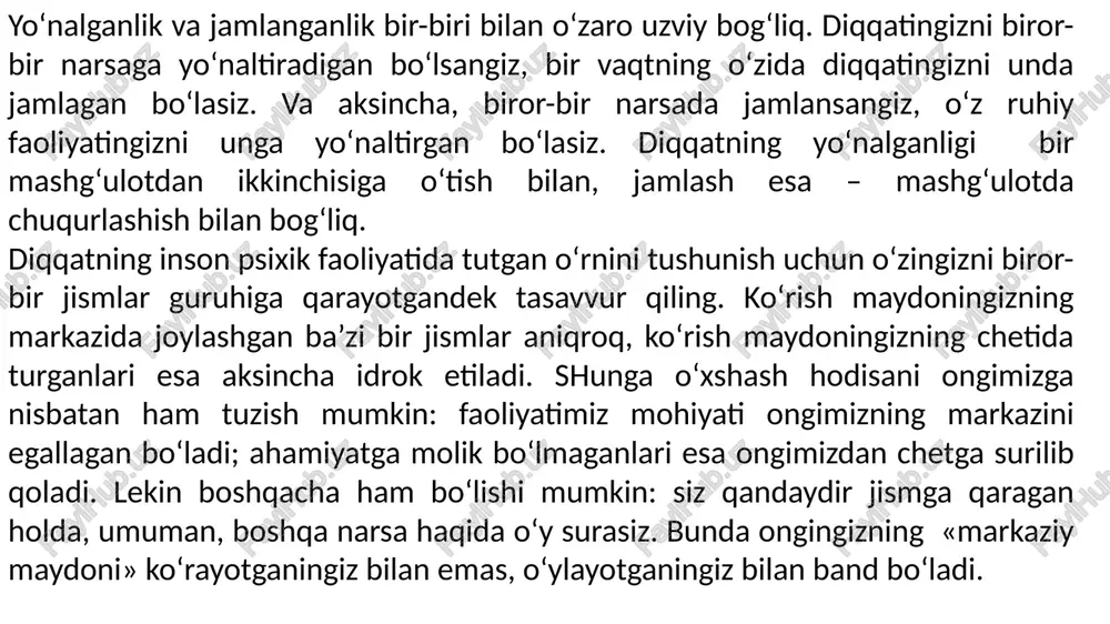 n, ongli boshqariladigan jamlanganlik. ixtiyorsiz diqqat maqsad qo‘yish va iroda qatnashuvi bilan bog‘liq emas, ixtiyoriy diqqat uchun esa iroda boshqaruvi va maqsadning mavjud bo‘lishi shart. odatda, ixtiyorsiz diqqatning yuzaga kelishida jismoniy, psixofizik va ruhiy sabablarning yaxlit to‘plami bilan ish ko‘rishga to‘g‘ri keladi. ular bir-biri bilan o‘zaro bog‘langan bo‘lsada, shartli ravishda quyidagi to‘rt darajaga bo‘lish mumkin. sabablarning birinchi guruhi tashqi qo‘zg‘atuvchi xususiyati bilan, avvalambor, seskantiruvchining kuchi yoki jadalligi bilan bog‘liq. masalan, siz biror ishni ishtiyoq bilan bajarayotganingizdan, qo‘shni xonadagi yoki ko‘chadagi engil shovqinni eshitmaysiz. lekin to‘satdan oldingizda polga tushgan og‘ir jismning baland tovushi eshitiladi, bu beixtiyor diqqatingizni jalb qiladi. ixtiyorsiz diqqatni yuzaga keltiruvchi sabablarning ikkinchi guruhi tashqi seskantiruvchilarning odamning ichki holatiga muvofiqligi, va birinchi navbatda, uning ehtiyojlariga mos kelishi bilan bog‘liq. masalan, qorni to‘q va qorni ochiqqan odamlar ovqat to‘g‘risidagi suhbatga turlicha munosabat bildiradilar. sabablarning uchinchi guruhi shaxsning umumiy yo‘nalganligi bilan bog‘liq. bizni ko‘proq qiziqtiradigan va qiziqishlar sohamizni, shuningdek, kasbiy qiziqishlarimizni …