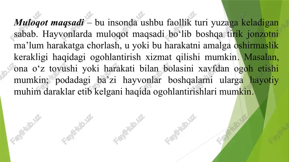 siy vositasi bo‘lib qoldi. nutq rivojlanishining keyingi bosqichi yozuvning yaratilishidir. yozuvli nutq og‘zaki nutq kabi o‘z taraqqiyotida bir necha bosqichlardan o‘tdi. dastlab yozuv belgilari paydo bo‘ldi, keyinroq esa, tovushli nutq paydo bo‘lishi bilan yozuv belgilari tovushlar ma’nosini aks ettira boshladi, bu esa harf-fonetik turdagi zamonaviy yozuvning yuzaga kelishiga olib keldi demak, nutq – bu verbal kommunikatsiya, ya’ni, til vositasidagi muloqot jarayonidir. inson nutqi xilma-xil shakllarga ega. lekin nutqning qanday shaklidan foydalanmaylik, u nutqning ikki asosiy: og‘zaki yoki yozma turlaridan biriga tegishli bo‘ladi bunda ikki tur ma’lum o‘xshashlikka ega bo‘ladi. bu o‘xshashlik hozirgi zamon tillaridagi yozma nutq, xuddi og‘zaki nutq kabi tovushli ekanligidan iborat: yozma nutq belgilari bevosita ma’noni emas, so‘zning tovush tarkibini etkazadi. og‘zaki nutqning asosiy boshlang‘ich ko‘rinishi bo‘lib, suhbat shaklida kechadigan nutq hisoblanadi. bunday nutq suhbat yoki dialog deb ataladi. uning asosiy xususiyati suhbatdosh tomonidan faol olib boriladigan nutq hisoblanadi, ya’ni, suhbat jarayonida ikki suhbatdosh ishtirok etib, tilning sodda …