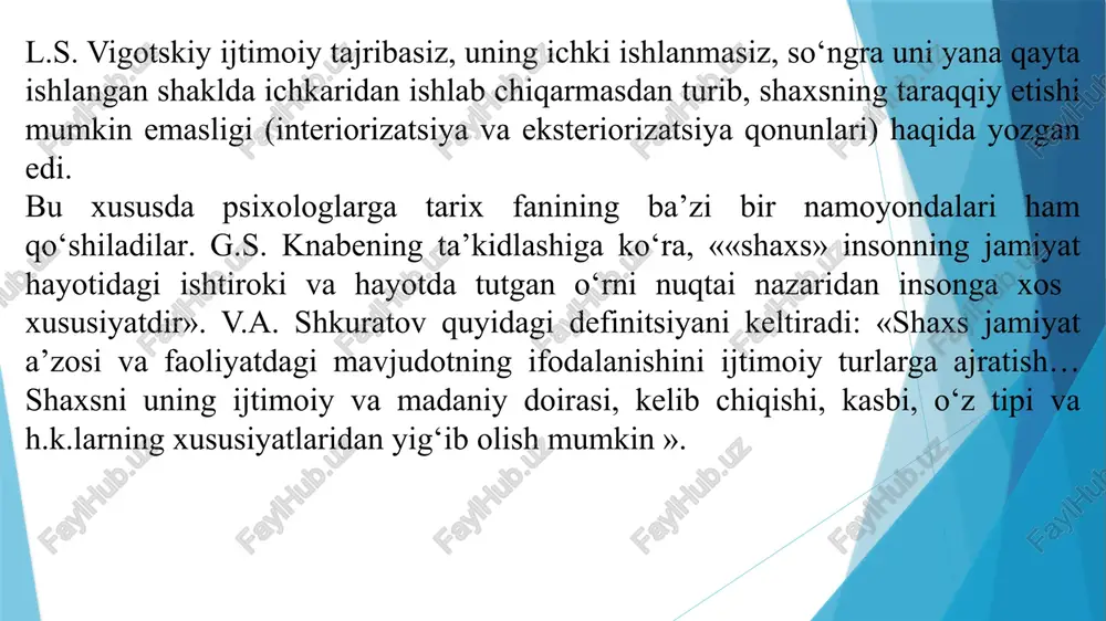 si, yoki fikrlash stereotiplarini – ma’lum ijtimoiy guruhda qabul qilingan xillarga ajratilgan mulohazalarni tanqidsiz o‘zlashtirish natijasi bo‘lib hisoblanadi. jamiyat hayotidagi turli faktlarga (hodisalar, odamlar va boshqalar) nisbatan ogohlantirish xususiyatiga ega bo‘lgan mayllar ijobiy va salbiy bo‘lishi mumkin. mayllar u yoki bu darajada anglanmagan bo‘lishi mumkin. psixologik tadqiqotlar tomonidan mayl tuzilishida uch tarkibiy qism ajratiladi: kognitiv tarkibiy qism inson bilishga va idrok qilishga tayyor tasvir namunasidir; emotsional-baholash tarkibiy qism mayl ob’ektiga nisbatan xayrixohlik va xush ko‘rmaslik majmuasidir; hulq-atvor tarkibiy qism – mayl ob’ektiga nisbatan ma’lum tarzda harakat qilish, iroda kuchini amalga oshirishdir. xx asr 60-yillarining o‘rtalarida shaxs umumiy tuzilishini o‘rganish bilan bog‘liq tadqiqotlar o‘tkazishga qaratilgan harakatlar boshlab yuborildi. bu yo‘nalishda shaxsni bioijtimoiy, tartibli tuzilish sifatida ta’riflagan k.k. aflotunovning yondoshuvi e’tiborga loyiq. u shaxs tuzilishini quyidagilarga ajratadi: 1. yo‘nalganlik (fikrlar, dunyoqarash, mayllar, istaklar, qiziqishlar, moyilliklar, ideallar kabi shakllarni o‘z ichiga oladi). bu tuzilish osti tarbiya yo‘li bilan shakllanadi. 2. tajriba (ta’lim olishda …