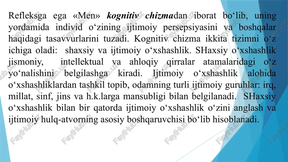 yicha joylashtirilgan. masalan, ko‘pchilik bizning «na-men»imizni ko‘proq, «sa-men»imizni esa kamroq biladilar. lekin eng haqqoniy «men» «sa-men», eng yanglish esa – «na-men». o‘rtada etarlicha haqqoniy va yaqin odamlarga tanish bo‘lgan «uy-men» joylashadi. shunday qilib, xulosa qilish mumkin: «men»imiz bilan qanchalik kam odam tanish bo‘lsa, u haqdagi ma’lumot shunchalik haqqoniy bo‘ladi. «men»imizni egallagan odamlar soni, «men»imiz haqidagi haqiqat hajmi teskari proporsional bog‘liklikda joylashadi: - «na-men» - uzoqdagi boshqalar uchun ma’lumot; - «uy-men» - yaqindagi boshqalar uchun ma’lumot; - «sa-men»- faqat o‘zi uchun ma’lumot. - «men»imizning uch modalligi shunday qilib, o‘z «men»ining mavjudligi kechinmasi go‘daklik davrida boshlanadigan va i.s. kon «menni kashf etish» sifatida belgilagan shaxs shakllanishi jarayonining natijasi bo‘lib hisoblanadi. bir yashar bola tanasidagi hissiyotlari bilan tashqaridagi jismlardan yuzaga keladigan hissiyotlar o‘rtasidagi farqni anglay boshlaydi. so‘ngra, 2-3 yoshida bola unga zavq bag‘ishlaydigan jarayon va o‘zining jismlar bilan harakatlari natijasini kattalarning jismli harakatlariga «men o‘zim!» talabini qo‘ygan holda, ajrata boshlaydi. u birinchi marta …
