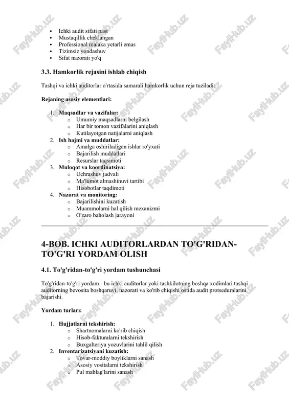 hki auditorlardan to'g'ridan-to'g'ri yordam olish quyidagi shartlarga bog'liq: zaruriy shartlar: 1. mustaqillik va ob'ektivlik: · ichki auditorlar tekshirilayotgan sohada ishlagan bo'lmasligi kerak · shaxsiy manfaatlari bo'lmasligi kerak · oila aloqalari bo'lmasligi kerak 2. professional malaka: · zarur bilim va ko'nikmalarga ega bo'lishi · tegishli tajribaga ega bo'lishi · audit usullarini bilishi 3. tashqi auditorning nazorati: · aniq ko'rsatmalar berish · jarayonni doimiy nazorat qilish · bajarilgan ishlarni ko'rib chiqish · xulosalarni o'zi shakllantirish 4.3. cheklovlar va ehtiyot choralari quyidagi hollarda to'g'ridan-to'g'ri yordamdan foydalanish cheklangan: qat'iy cheklovlar: · muhim baholashlar va xulosalar shakllantiradigan sohalar · yuqori xavfli sohalar · murakkab buxgalteriya masalalari · moliyaviy hisobotlardagi muhim bandlar · muammoli kreditorlar va debitorlar ehtiyot choralari: · ichki auditorlarning ishini to'liq hujjatlashtirish · namunalarni mustaqil tanlab olish · ishni qayta ko'rib chiqish · professional shubhani saqlash · xavflarni doimiy baholash 5-bob. ichki audit natijalaridan foydalanish 5.1. ichki audit hisobotlarini o'rganish tashqi auditor ichki …