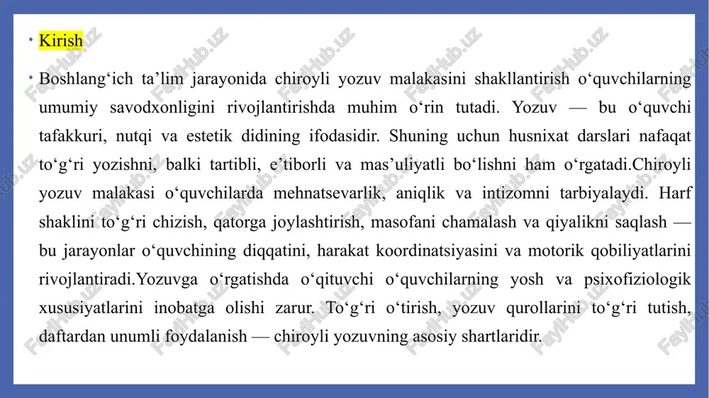 shish ravonlikni kuchaytiradi. o’quvchilar bu malakani egallagach, yozishlari tabiiy va tez bo’ladi, bu ularning o’quv faoliyatini yaxshilaydi. interfaol metodlar va vizual vositalardan foydalanish interfaol metodlar chiroyli yozuv darslarini jonlantirishning eng samarali usullaridan biridir. bu metodlar o’quvchilarni passiv kuzatuvchidan faol ishtirokchiga aylantiradi, shu orqali ularning e’tiborini va motivatsiyasini oshiradi. masalan, guruhli loyihalar orqali o’quvchilar birgalikda matn yozish yoki bezakli yozuvlar yaratishda ishtirok etishlari mumkin. bunday faoliyatda har bir o’quvchi o’z hissasini qo’shadi: biri harflarni chizishga, ikkinchisi ranglar va shakllarni tanlashga, uchinchisi esa kompozitsiyani tuzishga mas’ul bo’ladi. raqamli ta’lim muhitida chiroyli yozuvni rivojlantirish imkoniyatlari raqamli ta’lim muhiti chiroyli yozuvni o’rgatishda cheksiz imkoniyatlar ochadi, chunki u an’anaviy qog’oz va ruchka chegaralarini yo’qotadi. mobil ilovalar va onlayn platformalar yordamida o’quvchilar istalgan vaqtda mashq qilishlari mumkin. masalan, «calligraphy pro» kabi ilovalar harf shakllarini bosqichma-bosqich o’rgatadi: avval oddiy chiziqlar, keyin harf bo’laklari va nihoyat to’liq so’zlar. bu ilovalar vizual animatsiyalar bilan boyitilgan bo’lib, o’quvchiga qalam harakatini …
