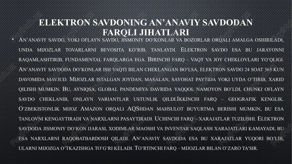 alab etilmaydi.xarajat mezoniga keladigan bo’lsak, elektron savdo tizimlari savdo xarajatlarini sezilarli darajada kamaytiradi onlayn to’lov tizimlari va ularning ro’li onlayn to’lov tizimlari elektron savdo jarayonining asosiy komponenti bo’lib, ular savdo samaradorligini ta’minlashda markaziy rol o’ynaydi. bu tizimlar mijozlar va sotuvchilar o’rtasidagi moliyaviy operatsiyalarni xavfsiz va tez amalga oshirishga imkon beradi. masalan, kredit kartalari, elektron hamyonlar va bank o’tkazmalari orqali to’lovlar bir necha soniyada bajariladi, bu esa savdo jarayonini uzluksiz qiladi. o’zbekistonda uzcard va humo tizimlari millionlab foydalanuvchilarga xizmat ko’rsatib, elektron savdoni rivojlantirmoqda. onlayn to’lov tizimlarining roli savdo xavfsizligini ta’minlashda ham namoyon bo’ladi, chunki ular shifrlash va autentifikatsiya texnologiyalaridan foydalanib, firibgarlik xavfini kamaytiradi. statistik ma’lumotlarga ko’ra, xavfsiz to’lov tizimlari mavjud bo’lgan platformalarda mijozlar ishonchi 35% ga oshadi, bu esa savdo hajmini ko’paytiradi elektron savdoda raqamlashtirishning afzalliklari va muammolari elektron savdoda raqamlashtirish jarayoni savdo tizimlarini avtomatlashtirish va ma’lumotlar asosida qaror qabul qilishni ta’minlaydi. bu jarayonning afzalliklaridan biri savdo xarajatlarining kamayishi bo’lib, raqamli …
