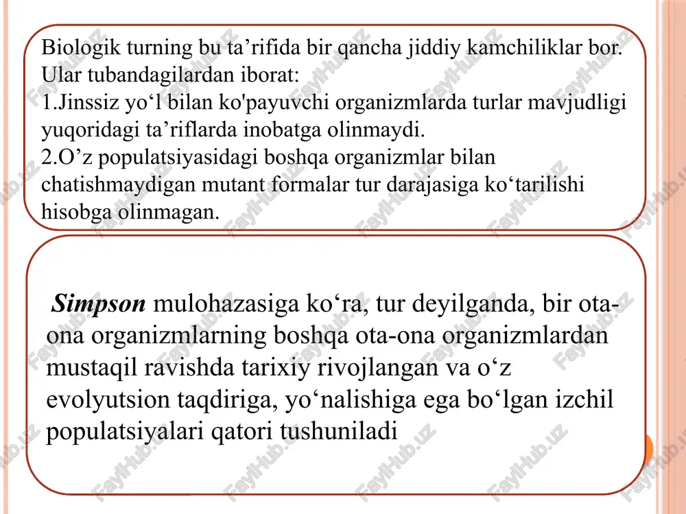 h. tabiiy dushmanlaridan himoyalanish. koʻpayish. moslanish organizmlarning yashovchanligi, raqobatchanligi va normal nasl qoldirishi bilan uzviy aloqadordir. yashovchanlik. odatda, shaxsiy taraqqiyotning turli bosqichlarida ro‘y beradigan mutatsion o‘zgaruvchanlik ko‘pgina hollarda organizmlarning yashovchanligini pasaytirib yuboradi, ba’zan o‘limiga sababchi bo‘ladi. shuni e’tiborga olib yashovchanlik deganda organizmlarning o‘zi tarqalgan muhitda genotipini keskin o‘zgartirmagan holatda normal yashashi tushuniladi. .raqobatchanlik — organizmlarning o‘lik va tirik tabiat, shu jumladan oziq topish, boshqa jins bilan qo‘shilish, yashash joyini egallashdagi qarshiliklarni yengishidir. ayrim hollarda organizm yashovchan bo‘lsa-da, uning raqobatchanligi sust rivojlangan bo‘ladi. nasl qoldirish organizmlar urchishining normal kechishi bilan bog‘liq. organizm jinsiy organlari yoki hujayralarida biror kam- chilik bo‘lsa, albatta urug‘lanish jarayoni normal kechmaydi va u nasl bermaydi. moslanishning bu uch komponenti o‘zaro bog‘liq bo‘lib, tabiiy tanlanish orqali tarkib topgan evolutsion natija hisoblanadi. ch. darvinning ulug‘ xizmatlari faqat tarixiy jarayonda turlarning o‘zgarganligini isbotlash bilan cheklanmaydi. olim fan tarixida birinchi bo‘lib moslanish muammosini ilmiy asosda hal qilib berdi. sizlar kundalik hayotda …