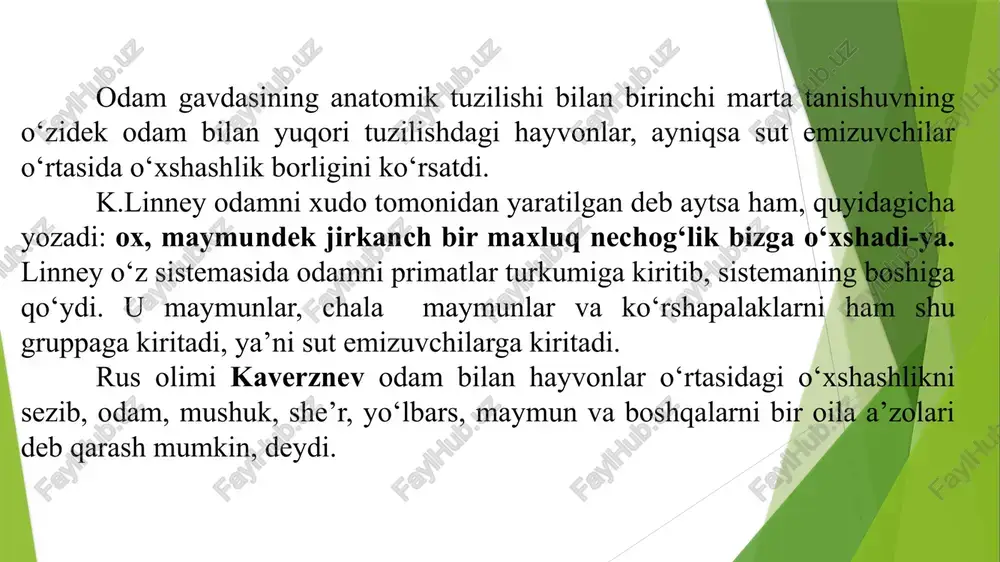 i. masalan 18-20 kunlik embrionda jabra, keyinchalik jabra aparati bo‘ladi. u odamda keyinchalik yo‘qoladi. lekin bu dalil quruqlikda yashovchi barcha umurtqali hayvonlar, shu jumladan, odamda ham tarixiy rivojlanish natijasida jabra bilan nafas oluvchi baliqsimon ajdodlardan kelib chiqqanligidan darak beradi. 5-6 oylik ebrion tuk bilan qoplanadi, bola tug‘ilishidan oldin u to‘kilib ketadi. odamning 2 oylik embrionida dum bo‘ladi, keyinchalik esa u o‘sishdan to‘xtab, dum suyaklari, chanoq suyaklari orasida qolib ketadi va tashqariga chiqmaydi. odam embrionining rivojlanishida hiqildoq ba’zi belgilari bilan shimpanze hiqildog‘iga, bosh miya po‘stlog‘i esa tuban maymunlar bosh miya po‘stlog‘ining ham o‘zaro o‘xshashlik borligi aniqlangan. ba’zi hollarda odamda turli sabablarga ko‘ra, ona qornida embrion normal rivojlanmaydi. bunday hollarda atavizm, ya’ni qadimgi ajdodlarga xos bo‘lgan xususiyatlarning takrorlanish hodisasi ro‘y beradi. ayrim hollarda tug‘ilgan bolalar tanasining hayvonlarnikiga o‘xshash qalin jun bilan qoplanishi atavizm xodisasiga misoldir. 1820 yilda kostroma gubernasida tug‘ilgan antuan yevtixeyev va uning o‘g‘li fedorning butun basharasi va tanasi jun bilan …