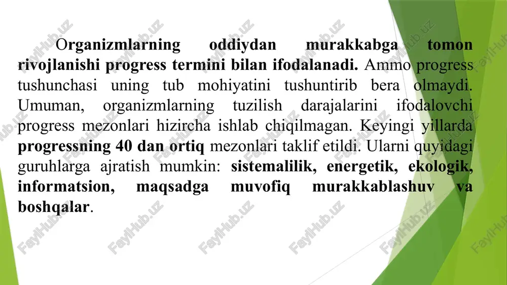 slanishlar paydo bo‘lishidan iborat. lekin bu o‘zgarishlar organizm tuzilishini va hayot faoliyatini ajdodlariga nisbatan yuqori yoki past darajada ko‘tarmaydi. idioadaptatsiya yo‘li bilan paydo bo‘ladigan o‘zgarishlar organizm uchun ikkinchi darajali ahamiyatga ega bo‘lgan organ va qismlarga xosdir. idioadpatatsiyadan keyin organizm o‘z ajdodlari bilan bir qatorda tursa ham, ular muhit sharoitlariga yaxshi moslashadi. masalan, toshbaqalar repteliyalarning eng qadimgi vakillari bo‘lib, katilozavrlardan kelib chiqqan va perm davriga kelib hayot sharoitining o‘zgarishi, ya’ni yashash uchun kurash, tabiiy tanlanish tufayli ostki va ustki qalqonlar hosil bo‘lgan. senogenez yoki embrional moslanish senogenez-seno-yangi, genezis-kelib chiqish ma’nosini anglatadi. bu embrion yoki lichinkalik davrida paydo bo‘ladigan moslamalarni o‘z ichiga oladi. tuxum hujayrani va embrionni kimyoviy va mexanik ta’sirlardan himoya qiluvchi parda yoki mikroblardan saqlovchi ohakli qobiq, tuxumdagi sariqlik, qushlar va sut emizuvchilarda embrionning tebranish va zarbalardan saqlovchi amnion, sut emizuvchilarda embrion nafas olishiga yordam beradigan allantois va yo‘ldosh senogenezga misoldir. senogenez har xil bo‘ladi. jumladan, tuxum va lichinkaning himoya …