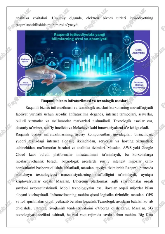 ponentlari quyidagilar: birinchidan, yuqori tezlikdagi internet aloqasi; ikkinchidan, serverlar va hosting xizmatlari; uchinchidan, ma’lumotlar bazalari va analitika tizimlari. masalan, aws yoki google cloud kabi bulutli platformalar infratuzilmani ta’minlaydi, bu korxonalarga moslashuvchanlik beradi. texnologik asoslarda sun’iy intellekt mijozlar xatti-harakatlarini bashorat qilishda ishlatiladi, masalan, tavsiya tizimlarida.raqamli biznesda blokcheyn texnologiyasi tranzaktsiyalarning shaffofligini ta’minlaydi, ayniqsa kriptovalyutalar orqali. masalan, ethereum platformasi aqlli shartnomalar orqali savdoni avtomatlashtiradi. mobil texnologiyalar esa, ilovalar orqali mijozlar bilan aloqani kuchaytiradi. infratuzilmaning muhim qismi logistika tizimidir, masalan, gps va iot qurilmalari orqali yetkazib berishni kuzatish.texnologik asoslarni batafsil ko’rib chiqishda, ularning rivojlanish tendentsiyalarini e’tiborga olish zarur. masalan, 5g texnologiyasi tezlikni oshiradi, bu real vaqt rejimida savdo uchun muhim. big data analitikasi ma’lumotlar oqimini qayta ishlaydi, korxonaga qaror qabul qilishda yordam beradi. umumiy olganda, raqamli biznes infratuzilmasi va texnologik asoslari doimiy ravishda takomillashtirilishi kerak. elektron biznes modelini ishlab chiqish jarayoni elektron biznes modelini ishlab chiqish jarayoni korxonaning strategik rejalashtirishining asosiy qismidir. bu jarayon …