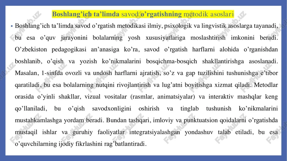 y qo’llanilishidagi ijobiy va salbiy tomonlarni ko’rib chiqamiz o’qituvchilar fikriga ko’ra darsliklarning qulaylik darajasi • o’qituvchilar, ta’lim jarayonining asosiy sub’ektlari sifatida, darsliklarning qulayligini baholashda amaliy qo’llanilish va metodik yordamni birinchi o’ringa qo’yadilar. 2023–2024 o’quv yillarida o’zbekiston xalq ta’limi vazirligi tomonidan o’tkazilgan so’rovda (taxminan 5000 o’qituvchi ishtirok etgan), yangi alifbe darsliklarining qulaylik darajasi 82% ni tashkil etdi. afzalliklardan biri – topshiriqlarning ketma-ketligi va metodik qo’shimchalar. masalan, 2024-yilgi «alifbe» darsligida har bir bo’lim oxirida o’qituvchi uchun qo’llanma (masalan, dars reja namunasi va baholash mezonlari) keltirilgan bo’lib, bu o’qituvchilarga vaqtni tejashga yordam beradi. bundan tashqari, darsliklarning mustaqil qismida (uy vazifalari) topshiriqlarning ko’pligi (har darsga 5–7 ta) o’qituvchilarning yukini oshiradi, chunki ularni tekshirish vaqti talab etiladi. bu holat, o’qituvchilarning sub’ektiv fikriga ko’ra, darslikning qulayligini 20% ga pasaytiradi. zamonaviy talablarga muvofiq takomillashtirish yo’nalishlari • zamonaviy ta’lim tizimida, xususan, raqamli transformatsiya va inkluziv yondashuvlar doirasida alifbe darsliklarini takomillashtirish zarurati tobora ortmoqda. 2022-yilgi «zamonaviy maktab darsliklarini ishlab …