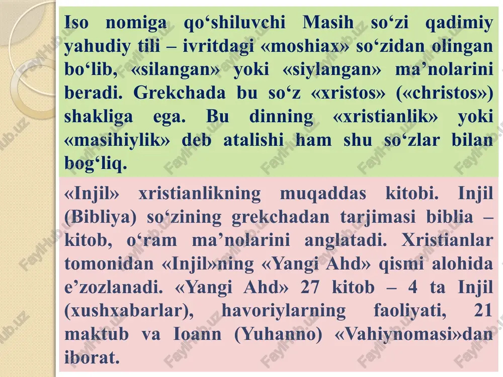 lar hokimiyatidan yuqori turadi. a’rof haqidagi (do‘zax va jannat oralig‘idagi mavze) aqida faqat katolik ta’limotida mavjud. gunohi katta bo‘lmagan gunohkorlarning ruhi u yerda o‘tda kuyadi, keyin jannatga yo‘l topadi. ruhning a’rofda bo‘lish muddati xayrli ishlar tufayli qisqartirilishi mumkin. bu ibodat va xayr-ehsonlar o‘lganlar xotirasiga yaqinlar tomonidan qilinadi. a’rof haqidagi ta’limot birinchi asrdayoq paydo bo‘lgan edi. pravoslav va protestant cherkovlari a’rof haqidagi ta’limotni rad etadi. pravoslavlarda turmush qurmaslik rusumini faqat qora ruhoniylik qabul qiladi. katoliklarda esa turmush qurmaslik (selibat) papa grigoriy vii tomonidan joriy qilingan qoidaga ko‘ra barcha ruhoniylar uchun majburiydir. protestantlik yo‘nalishi. protestantlik tarixi martin lyuterdan (1483–1546) boshlanadi. u xvi asrda yevropada katoliklarga qarshi qaratilgan reformatsiya harakati bilan bog‘liq juda ko‘p mustaqil cherkovlar va sektalarni o‘z ichiga oladi. «protestantizm» atamasi «protest» (norozilik) so‘zidan kelib chiqqan. protestantlikning ilk shakllari: lyuterchilik,svinglichilik, kalvinizm, unitarizm va sotsinchilik, anabaptizm, mennochilik va anglikanchilik edi. hozirgi vaqtda protestantizm dunyoning barcha qit’alarida keng tarqalgan. protestantlikning jahon markazi aqshda, …
