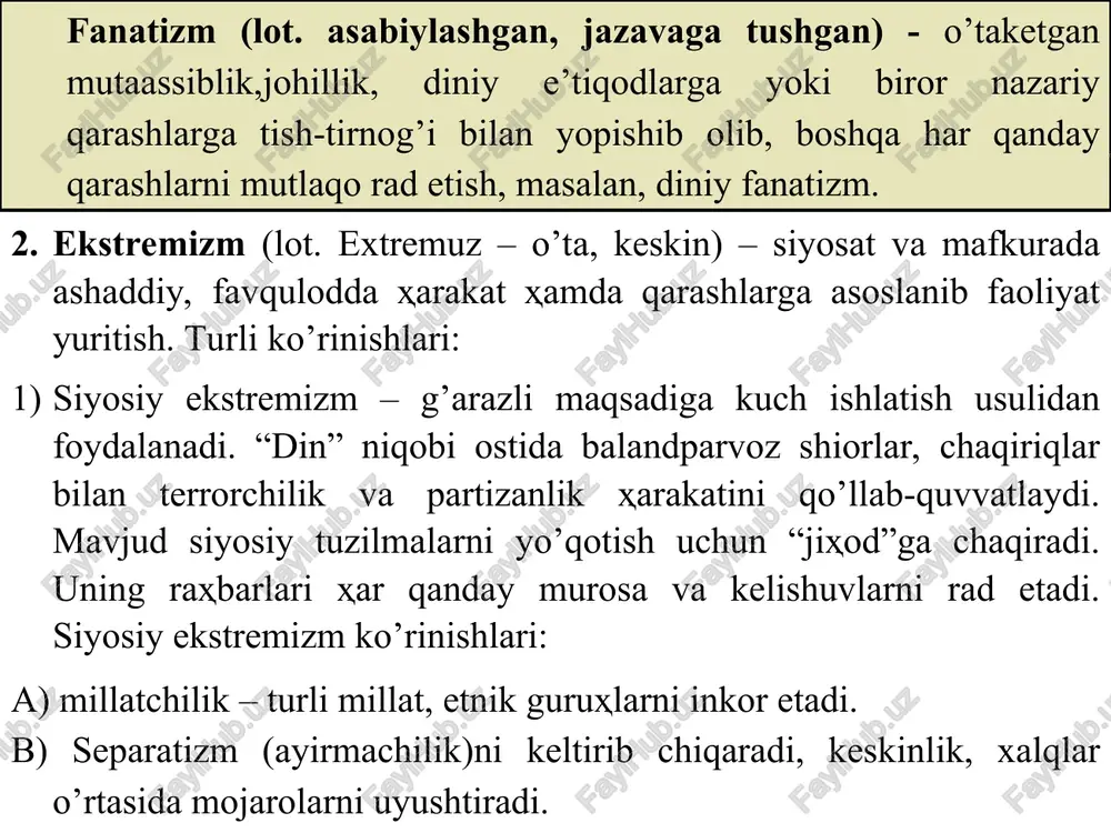 likni buzish. asossiz da’vatlar orqali yoshlarni mutelik, erksizlik holiga tushirib qo’yish, aqliga va taqdiriga hukmron bo’lish. qarama-qarshilikni keltirib chiqarish, mamlakatni parchalab tashlash (separatizm). din uchun kurashuvchi jangarilarning yangi avlodini vujudga keltirish. musulmon va nomusulmon mamlakatlar orasida o’zbekiston obro’sini to’kish, obro’sizlantirish. 1. islom va boshqa sivilizatsiyalar o’rtasida ziddiyatlarni keltirib chiqarish. 2. omma ongida soxta tasavvurlarni qaror toptirish. 3. diniy radikal kuchlarning terroristik jinoiy harakatlari. 1991 yil 9 dekabrda namangan shahrida bir guruh qo’poruvchi kuchlar viloyat ijroiya qo’mitasini egallab, o’zbekistonni islom davlatiga aylantirishdagi da’volariyu 1990-1992 yillarda namangan viloyatida “otavali-xon” jome masjidida abdulla o’taev, tohir yo’ldoshevlar oqimlari: 1) hizb-ut tahrir. 2) akromiylar. 3) “nurchi”lar. 4) “tavbachi”lar. 5) islom lashkarlari. 6) “adolat” diniy uyushmasi va hakazo. 5. 2001 yil 11 sentyabrda aqshning nyu-york shahrida terrorchilik harakatlarida 3 ming kishi halok bo’ldi. 6. fashizm o’z maqsadlarini oshkora e’lon qilib, zo’rovonlik yo’li bilan singdiradi. “terrorizm” tushunchasi terror tushunchasi bilan bir xil ma’noda qo`llangan. ammo ayrim hollarda …