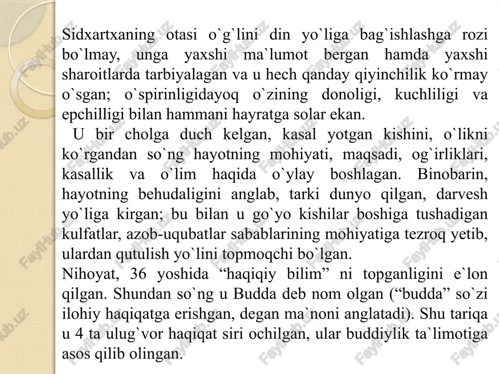 ri oralig‘ida kushon imperiyasi buddaviylikning maxayana yo‘nalishini davlat dini deb e’lon qildi. bungacha buddaviylik hindistonda uzoq tarixga ega bo‘lsa ham, u yerda asosiy yo‘nalish bo‘lgan xinayana bunday mavqega erishmagan edi. kanishka, vima, kadfiz va ulardan keyingi kushon imperatorlari buddaviylikni keng yoydilar. ular bu din an’analarini amalda rivojlantirish, boshqa xalqlar o‘rtasida tarqatish uchun balx, marv, termiz, samarqand, buxoro, shosh, turkiston, quva, koson, o‘sh, bolasog‘un, koshg‘ar va boshqa shaharlarda buddaviylik takyagohlari va xonaqohlari, ibodatxonalarini qurib, buddaviylikning muqaddas kitoblari, sutra va pastrilarni o‘rganish, tarjima qilish va sharhlash uchun sharoit yaratib berdilar. hozirda mamlakatimizdagi qoratepa, fayoztepa, sayram, quva va boshqa joylarda topilayotgan budda haykalchalari yoki ularning parchalari, ayritomdagi ayvon peshtoqi parchasidagi budda musiqachilarining tasviri va boshqa ashyoviy osori atiqalar, saroy va ibodatxonalar o‘rta osiyodagi buddaviylik haqida xabar beruvchi manbalardir. bu dinga tegishli yozma manbalar qadimgi turkiy yozuvda, uyg‘ur bitiklarida va boshqa yozuvlarda saqlanib qolgan. miloddan avvalgi iii–i asrlarda buddaviylik hindiston hududidan chiqib janubi-sharqiy yo‘nalish …