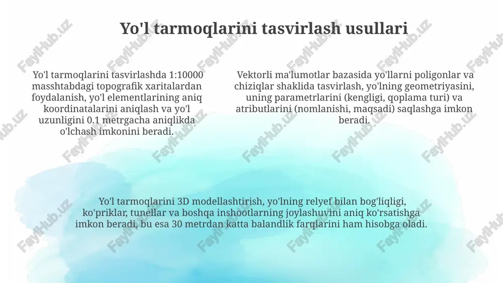 i yaratishda 1:5000 masshtabdagi topografik xaritalar, gps ma'lumotlari va yer usti lazer skanerlash (lidar) texnologiyalaridan foydalaniladi, bu aniqlikni va ishonchlilikni ta'minlaydi. yo'l kadastri xaritalarini yangilash jarayoni kamida 3 yilda bir marta amalga oshiriladi va bu jarayonda kamida 10% maydon yangi ma'lumotlar bilan to'ldiriladi yoki tuzatiladi. xarita tarkibiga yo'lning geometrik parametrlari (en, uzunligi), qoplamasi turi, texnik holati va boshqa 5 dan ortiq muhim atributlar kiradi, bu ma'lumotlar bazasini boyitadi. kadastrni yuritishning huquqiy asoslari kadastr ma’lumotlarini yuritishning huquqiy asoslari o‘zbekiston respublikasi yer kodeksi, 12-moddasi va “davlat yer kadastri to‘g‘risida”gi qonun bilan belgilanadi, bu yerda yo‘l infratuzilmasi ham aks ettiriladi. kadastr ma’lumotlarining to‘g‘riligi va ishonchliligi uchun javobgarlik, “yer to‘g‘risida”gi qonunning 25-moddasiga muvofiq, tegishli davlat organlari va tashkilotlarga yuklatiladi, bu esa 10 kun ichida hujjatlarni ko‘rib chiqishni nazarda tutadi. kadastr ma’lumotlarining to‘g‘riligi va ishonchliligi uchun javobgarlik, “yer to‘g‘risida”gi qonunning 25-moddasiga muvofiq, tegishli davlat organlari va tashkilotlarga yuklatiladi, bu esa 10 kun ichida hujjatlarni ko‘rib …