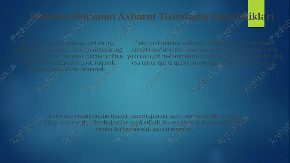 shinuvini tezlashtiradi va shaffoflikni oshiradi. elektron hukumat axborot tizimining moliyalashtirilishi elektron hukumat axborot tizimining moliyalashtirilishiga davlat byudjetidan 2023-yilda 50 milliard so'm ajratildi, bu umumiy xarajatlarning 15% ni tashkil etadi. elektron hukumatning ma'lumotlar xavfsizligi va siyosatini ta'minlashga 2024-yil uchun 3 milliard so'm byudjet mablag'lari yo'naltirilgan, bu o'tgan yilga nisbatan 20% ga ko'p. tizimning rivojlanishi va texnik jihozlarini modernizatsiyasi uchun xalqaro moliya institutlaridan 10 million dollar miqdorida grant mablag'lari jalb qilingan. e'tiboringiz uchun rahmat @taqdimot_robot image2.png image3.png image4.png image5.png